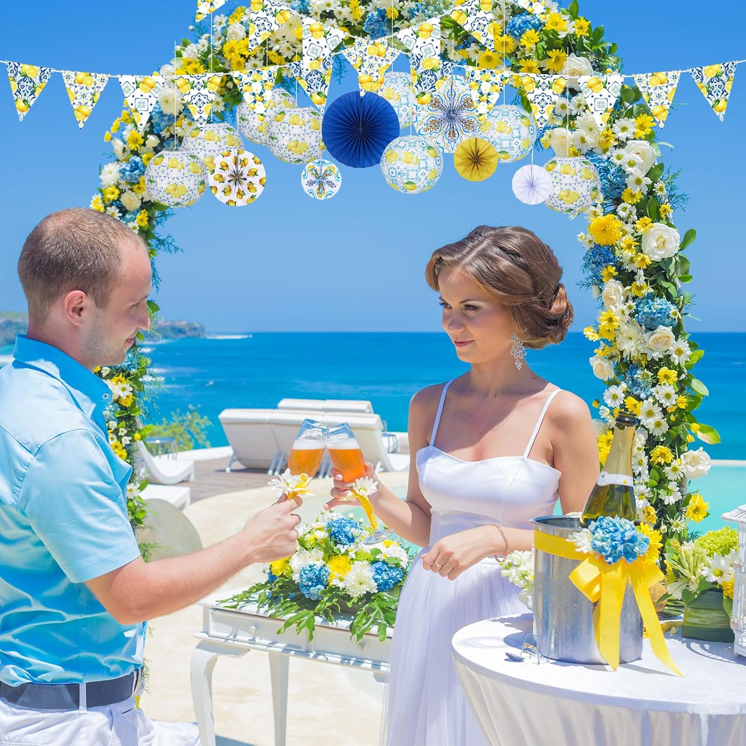 Colarr 19 Pcs Capri Lemon Mediterranean Party Decorations Blue and Yellow Amalfi Coast Hanging Lantern Paper Fans Triangle Flags Banner for Birthday Baby Shower Wedding Events Summer Party Supplies