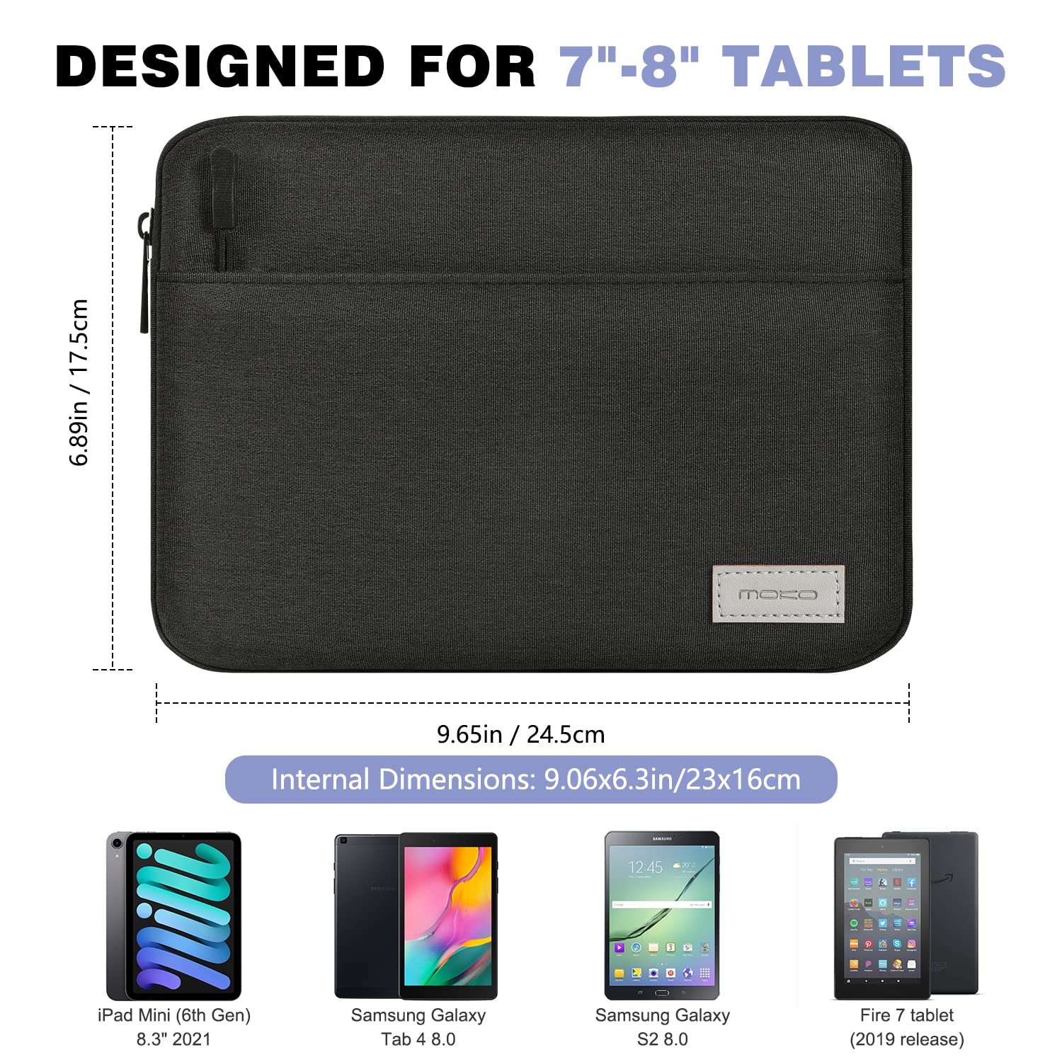 MoKo 7-8 Inch Tablet Sleeve Bag, Carrying Case Fit with 8.3 inch iPad Mini A17 Pro 2024, iPad Mini 6/5/4/3/2/1, Samsung Galaxy Tab S2 8.0, Tab A 8.0, Black & Gray