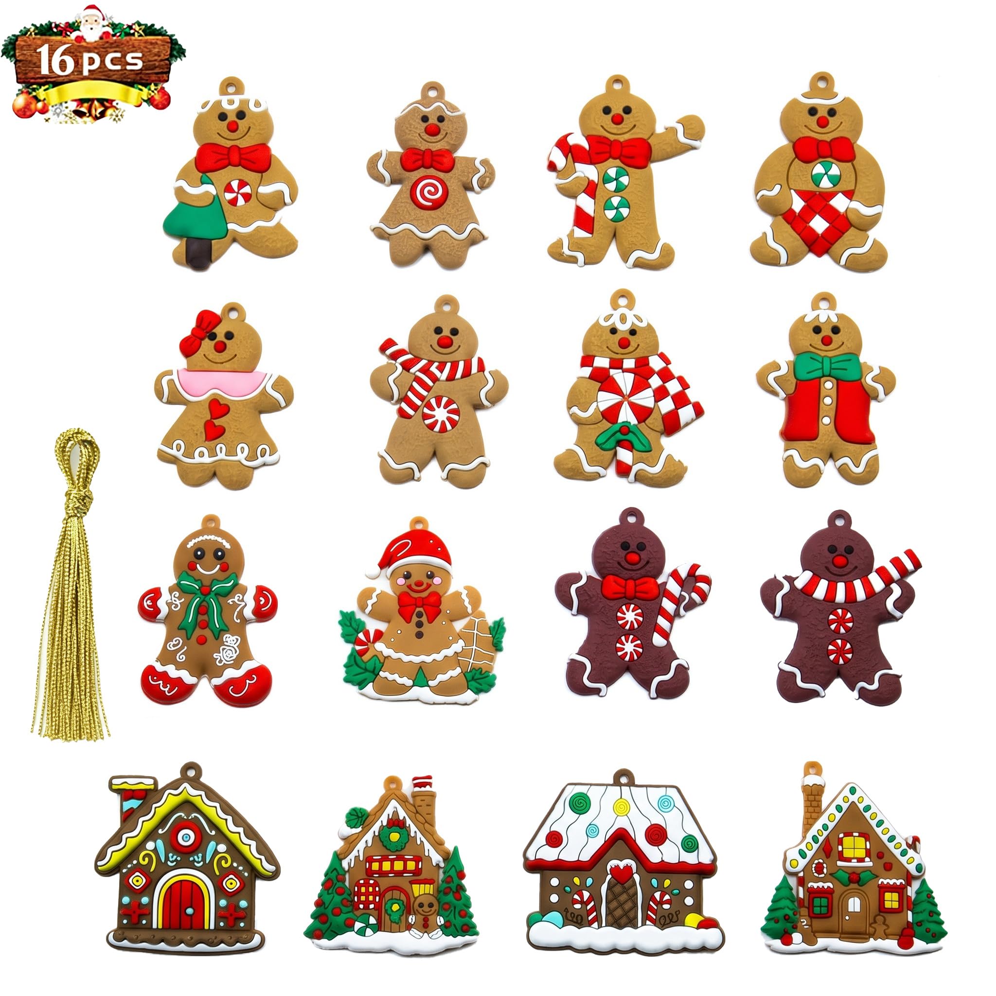 16Pack Christmas Decorations Gingerbread Man, Ginger Man Clay Figurine With Strings Hanging Christmas Decorations Ornaments Set, For Xmas Tree Decorations Party Festive Season Birthday Gift Home