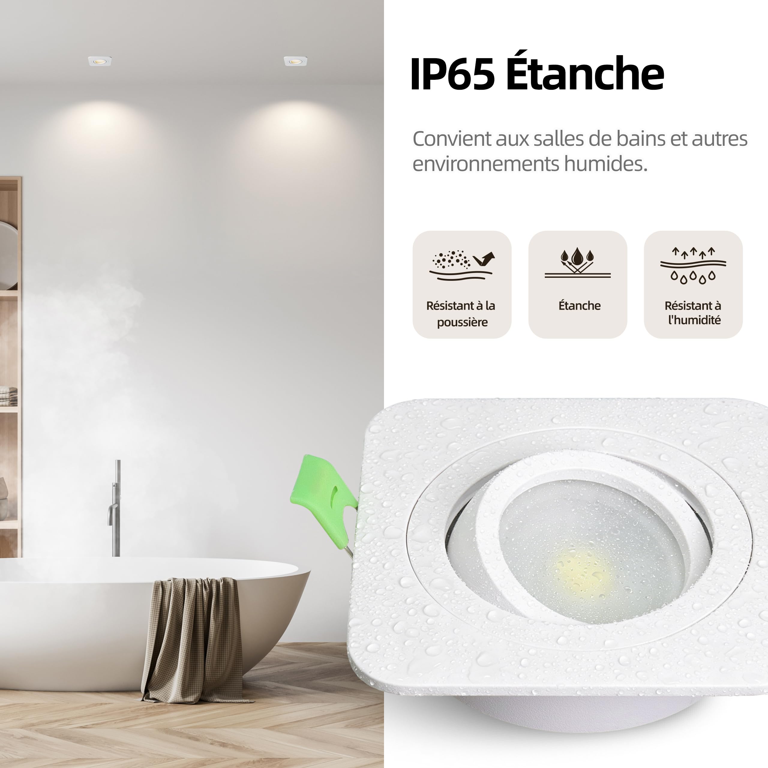 Spot Led Encastrable Dimmable Orientable, 5W 550LM Spot Salle de Bain IP65, Spots de Plafond Carrés, 230V Spots LED Blanc Chaud/Blanc Neutre/Blanc Froid Réglable, Ø78mm CRI90+