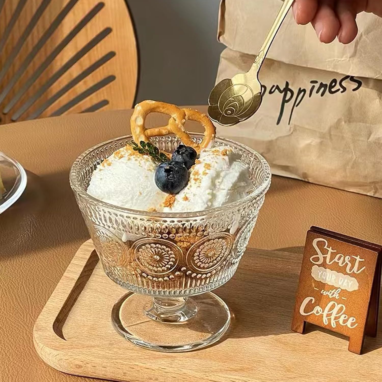 Vintage Glass Dessert Bowls, Set of 12, 9oz Glass Ice Cream Sundae Cups with Vintage Sunflower Pattern, Ideal for Ice Cream, Sorbet, Fruit, Salad, Yogurt, and Appetizers (12PCS), a-1037