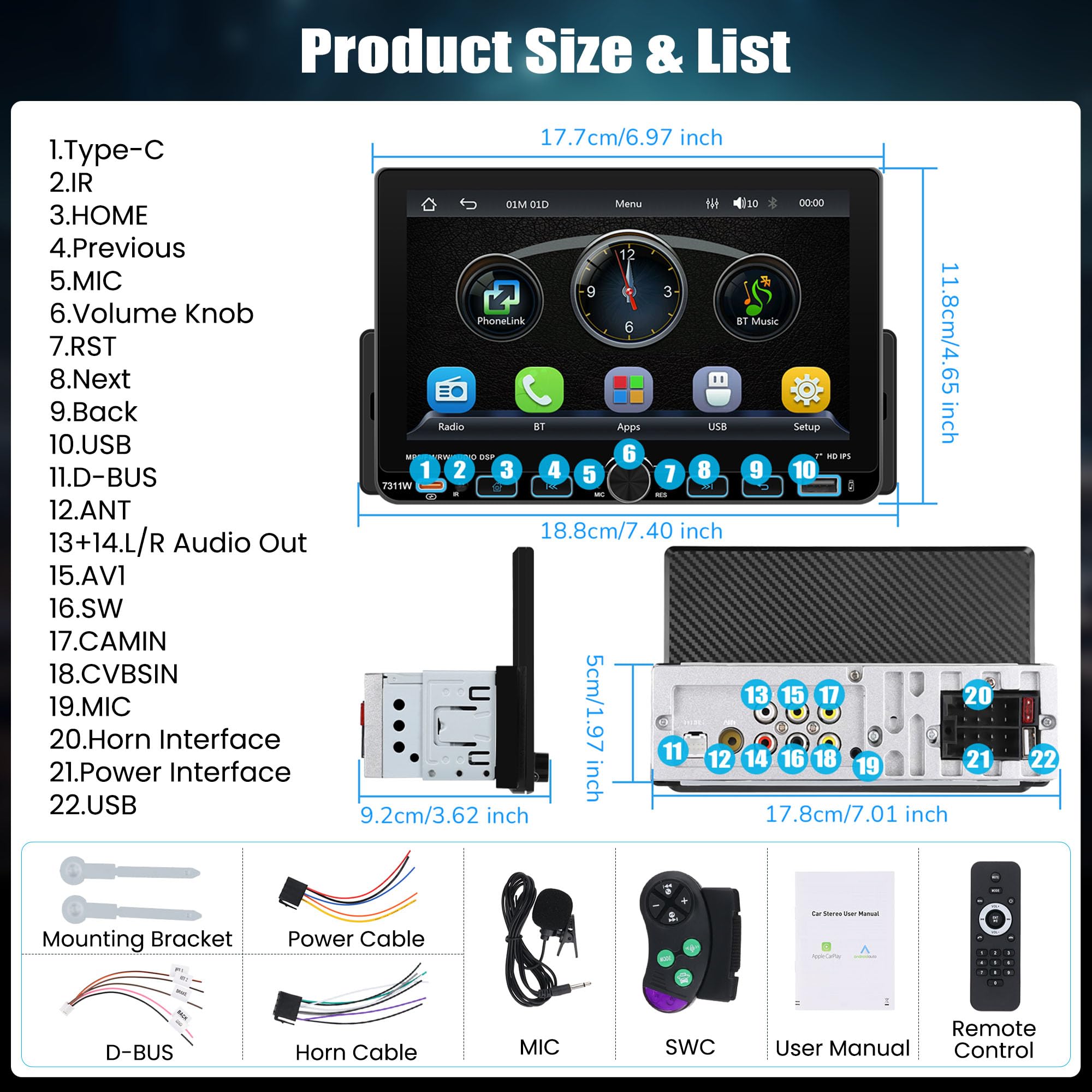 Wireless CARPLAY 1 DIN Autoradio avec Bluetooth Android Auto, 7'' IPS Ecran Tactile Car Play Voiture, 1 Din Bluetooth Radio avec Lien Miroir AM/FM/RDS MP5 USB SWC Rétroéclairage Couleur
