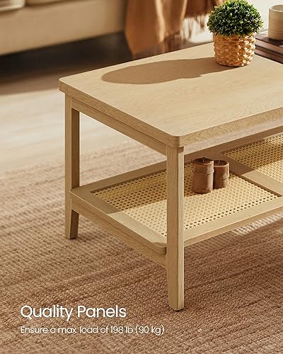 Miniatura 5 de VASAGLE Mesa de café de 2 niveles para sala de estar, mesa rectangular para sala de estar, con estante de almacenamiento de ratán PVC, esquinas