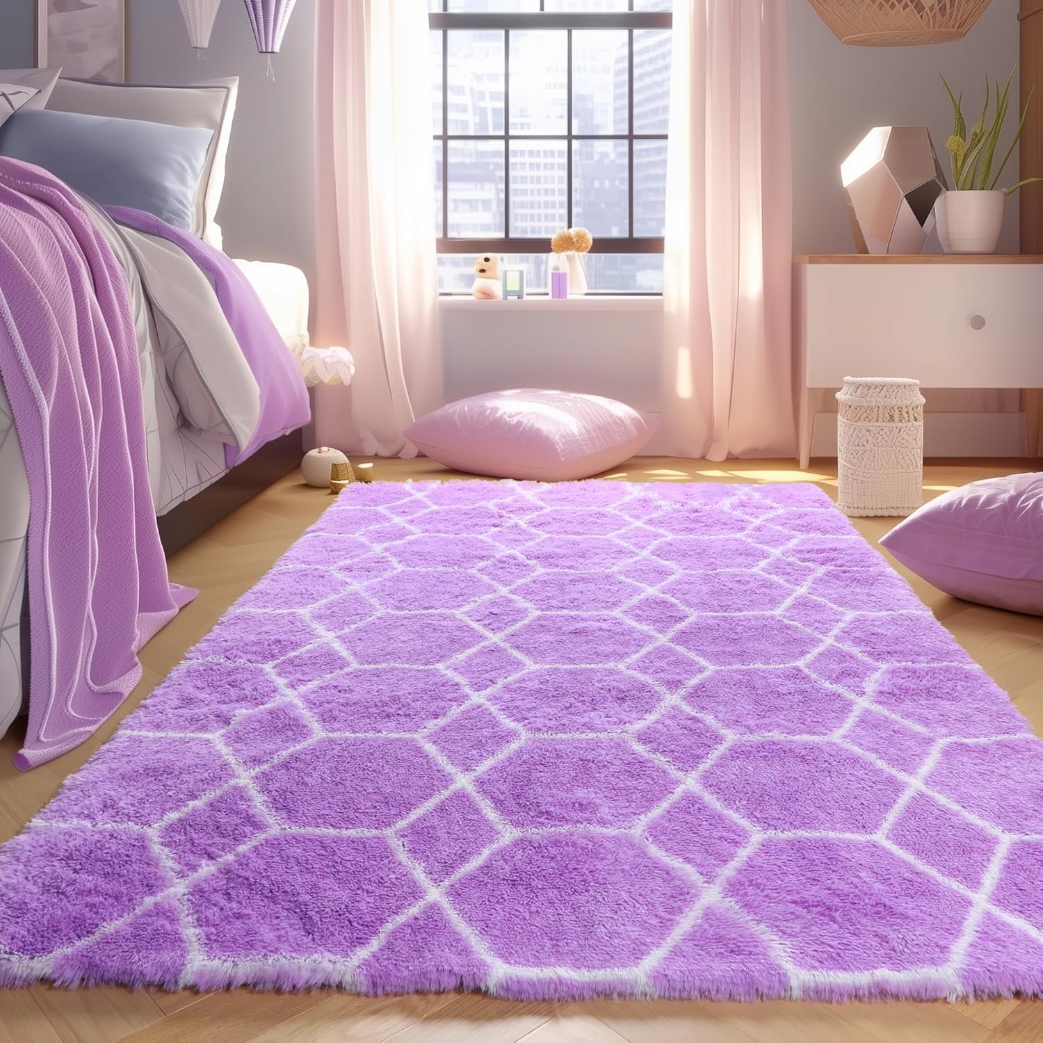 ONASAR Area Rugs for Bedroom Living Room, 4x6 Fluffy Purple and White Throw Rug, Boho Geometric Soft Shaggy Fuzzy Plush Indoor Floor Carpet for Kids Teen Nursery Dorm Home Decor Aesthetic