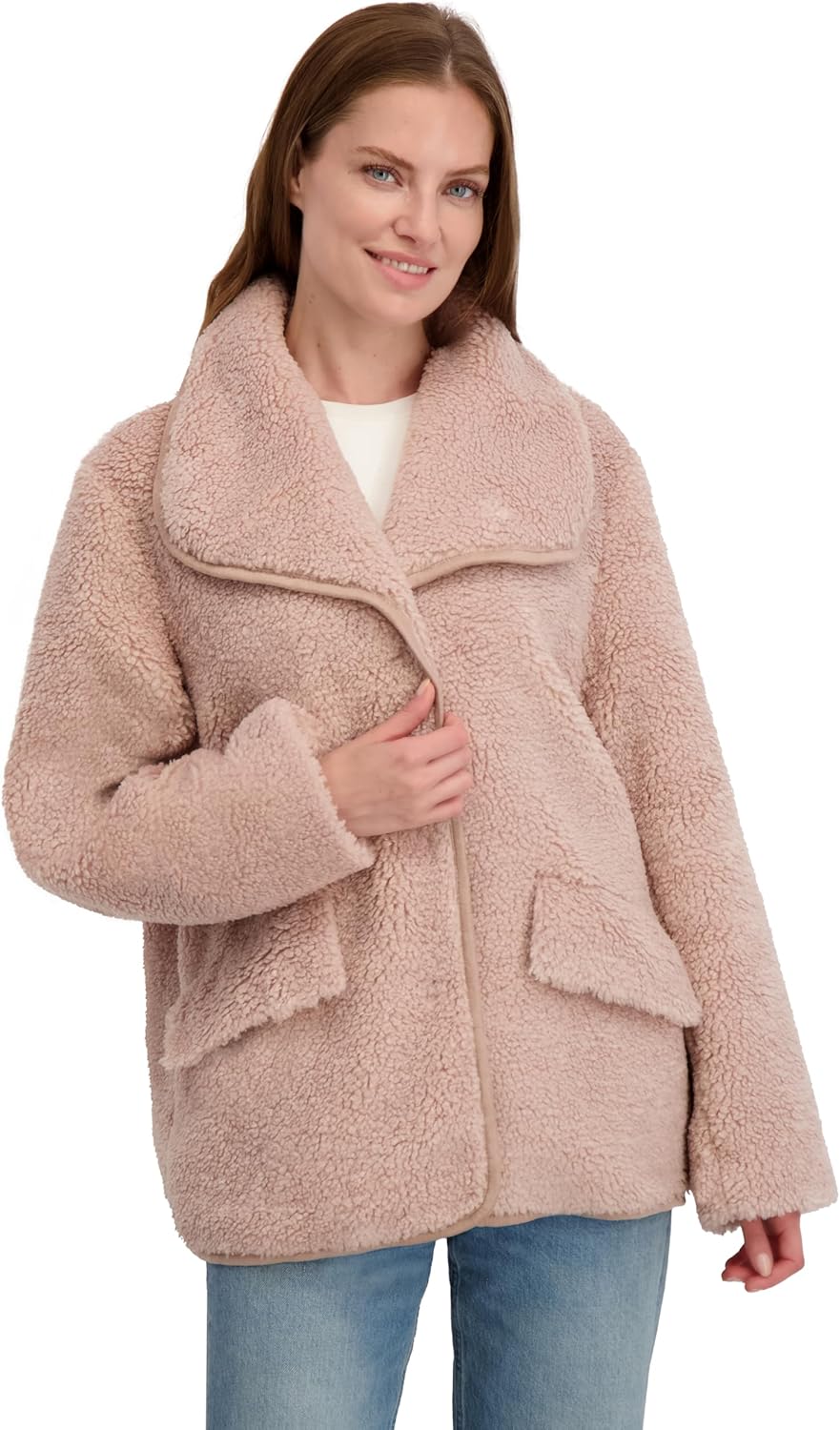 Laundry by Shelli Segal Women's Faux Sherpa Jacket– Cozy Coat With Faux Suede Trim, Hidden Snap Closure