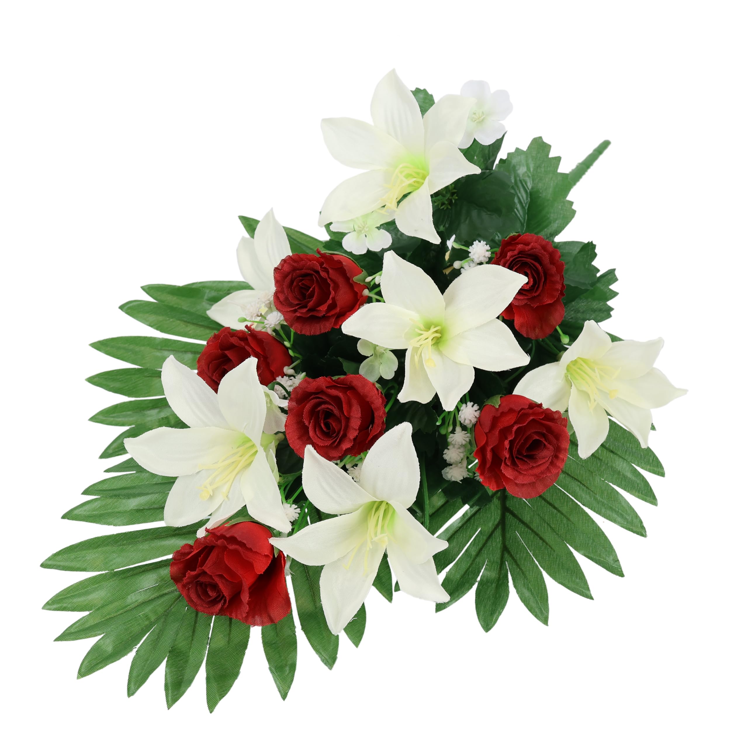 Bukiet ze sztucznymi liliami i różami, bukiet kwiatów, dekoracja stołu, dekoracja nagrobna, ozdoba na grób, cmentarz, dekoracja żałobna
