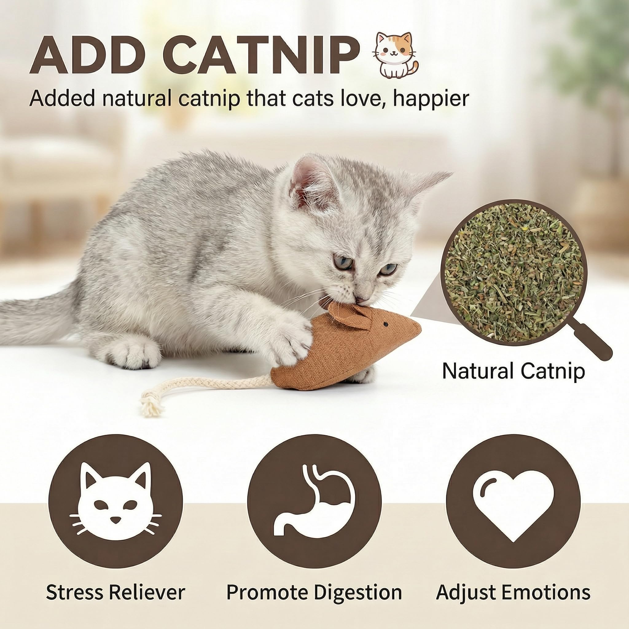 Juguetes de ratones con hierba gatera para gatos, 6 juguetes interactivos pequeños de tela para gatos adultos y gatitos de interior, fomenta la persecución, masticación, abrazos, patadas y