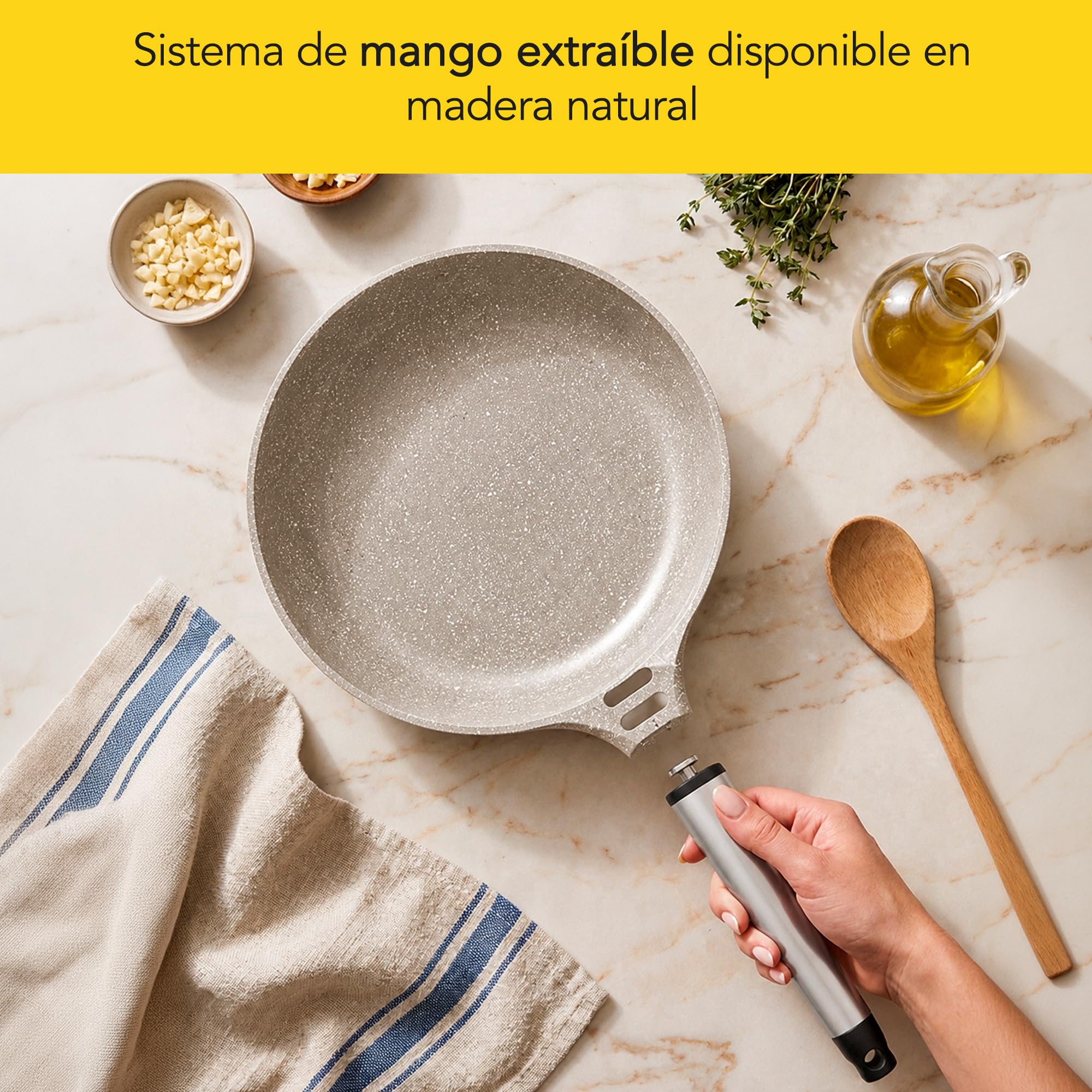 Castey - Sartén Stone Ceramic 24 cm, Acabado Gris, Mango Desmontable de Madera Natural, Aluminio Fundido, Antiadherente Cerámico Durion PFAS Free, Full Induction, Apta para Todas las Cocinas