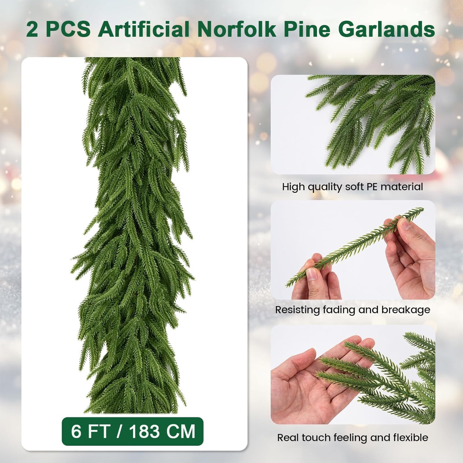 Neitra 2Pcs 6FT Artificial Norfolk Pine Garland with 120 Branches, Real Touch Christmas Garland for Table, Mantle, Stair, Wall, Indoor, Outdoor Christmas Decorations