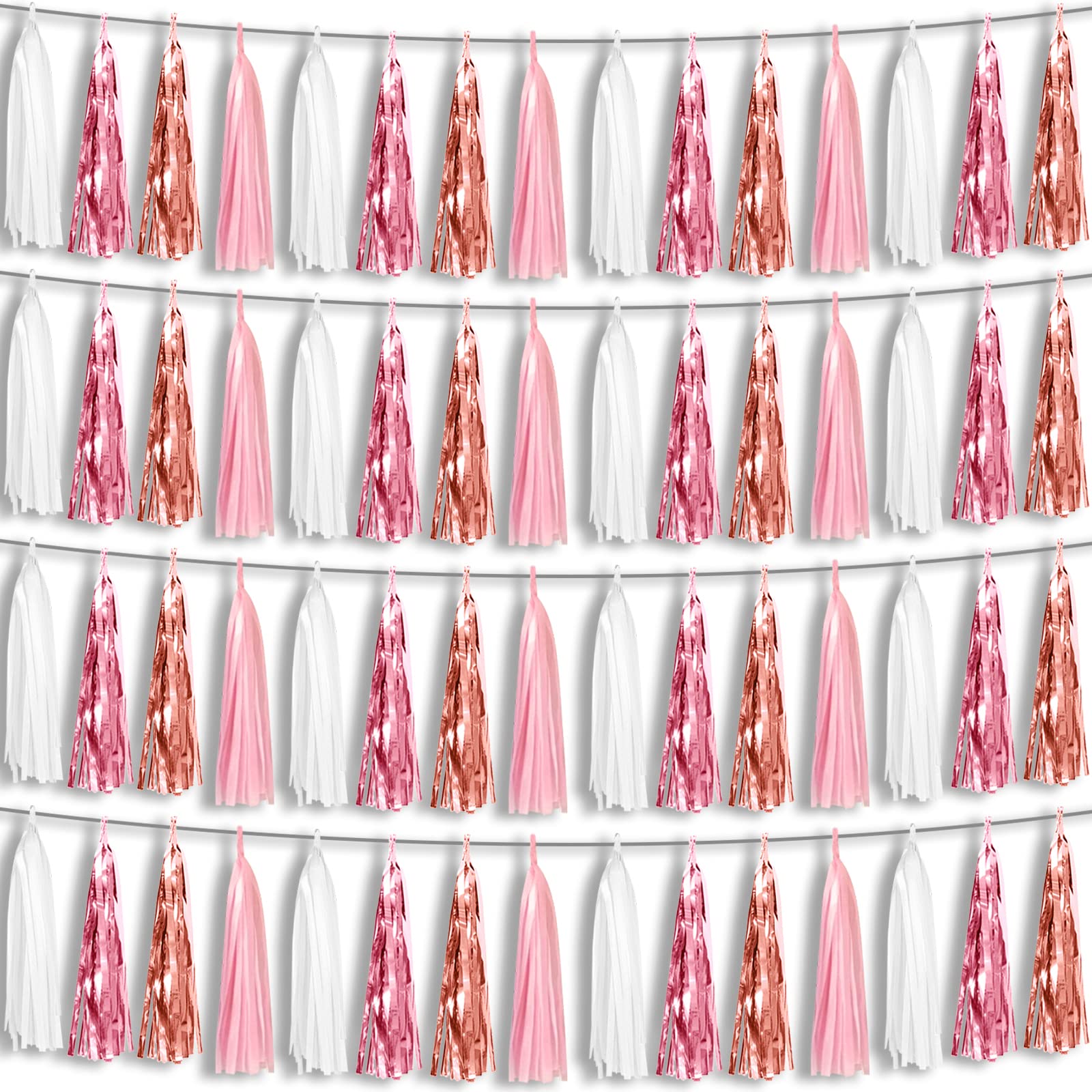 4P Pink White Peach Rose Gold Tassels Party Tassel Garland Banner, Tassels Banner Streamers for Parade Floats, Bachelorette, Wedding, Birthday, Christmas, Bridal/Baby Shower Party Decorations