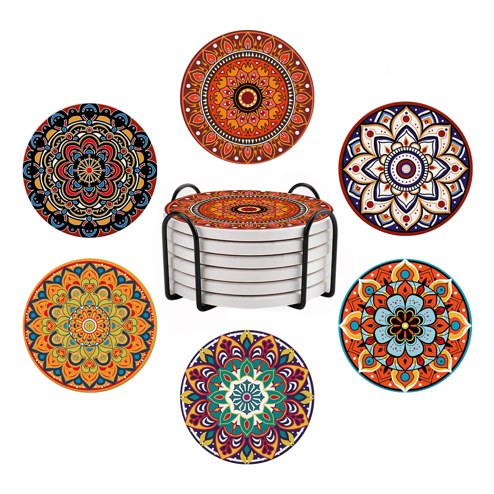 Boho Mandala Ceramic Coasters, Set of 6 Drink Coasters, with Metal Holder, Absorbent Round Non-Slip Drink Mug Cup Coaster Housewarming Room Bar Fashion Decoration Gift