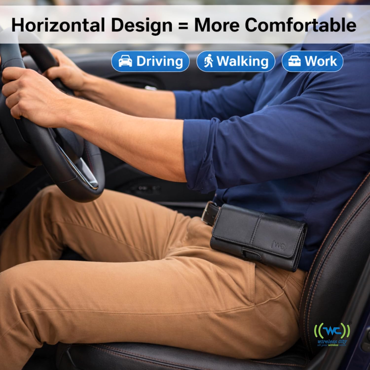 Wireless City Leather Phone Holster for iPhone 17/17 Pro 16/16 Pro/16e 15/15 Pro 14/14 Pro 13/13 Pro 12/12 Pro 11 XR Horizontal Belt Clip & Loop Phone Pouch Magnetic Closure Phone Holder for Men Black - Image 2