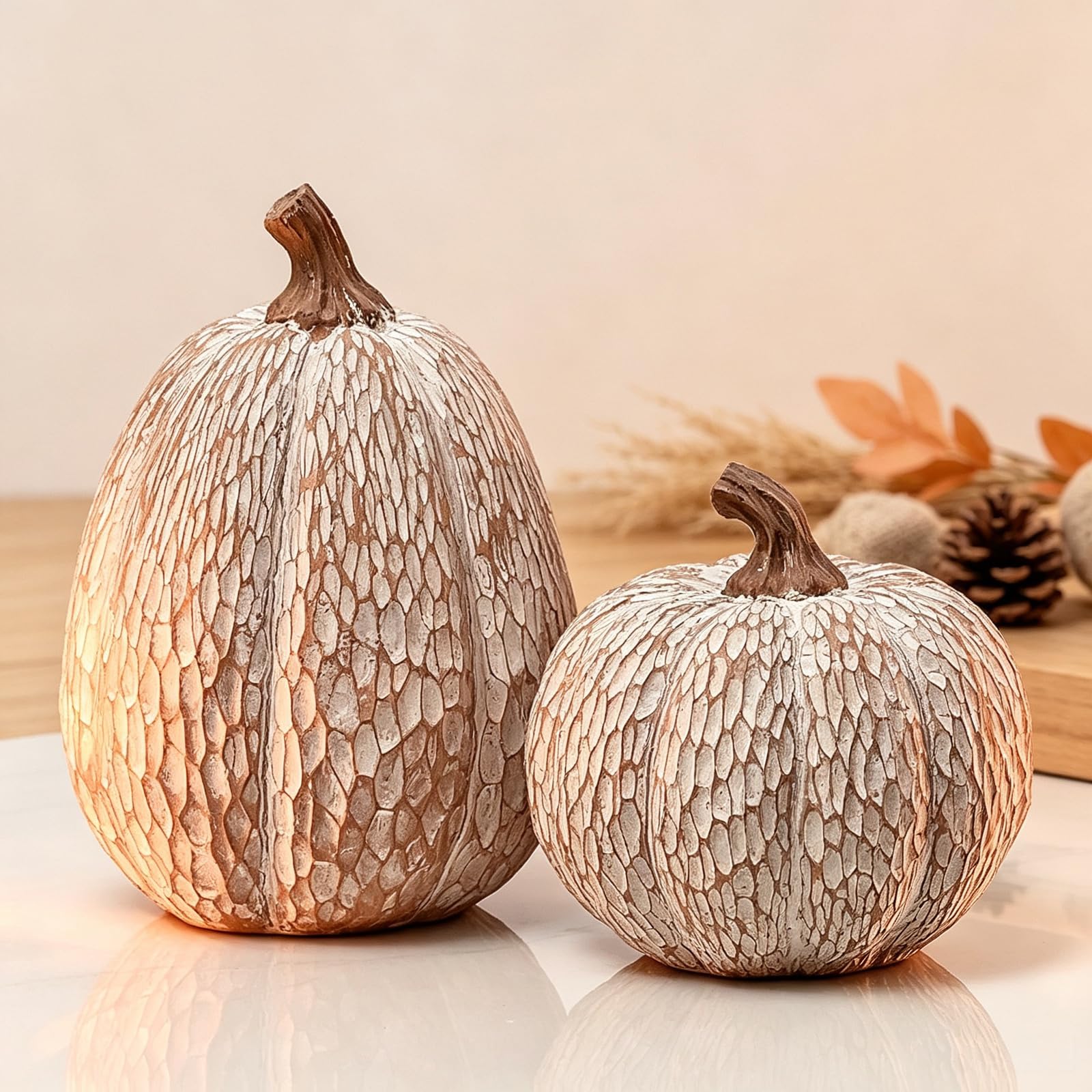 DN DECONATION Thanksgiving Pumpkins Fall Decor, Carved Pumpkin Table Decor Geometric Faceted Pumpkins Set of 2