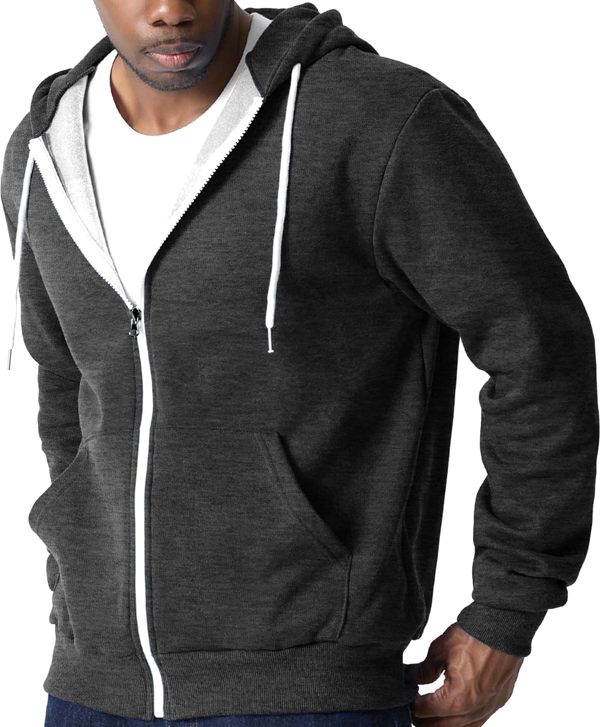 Ohoo Mens Slim Fit Long Sleeve Zip-up Fleece Hoodie With Kanga Pocket