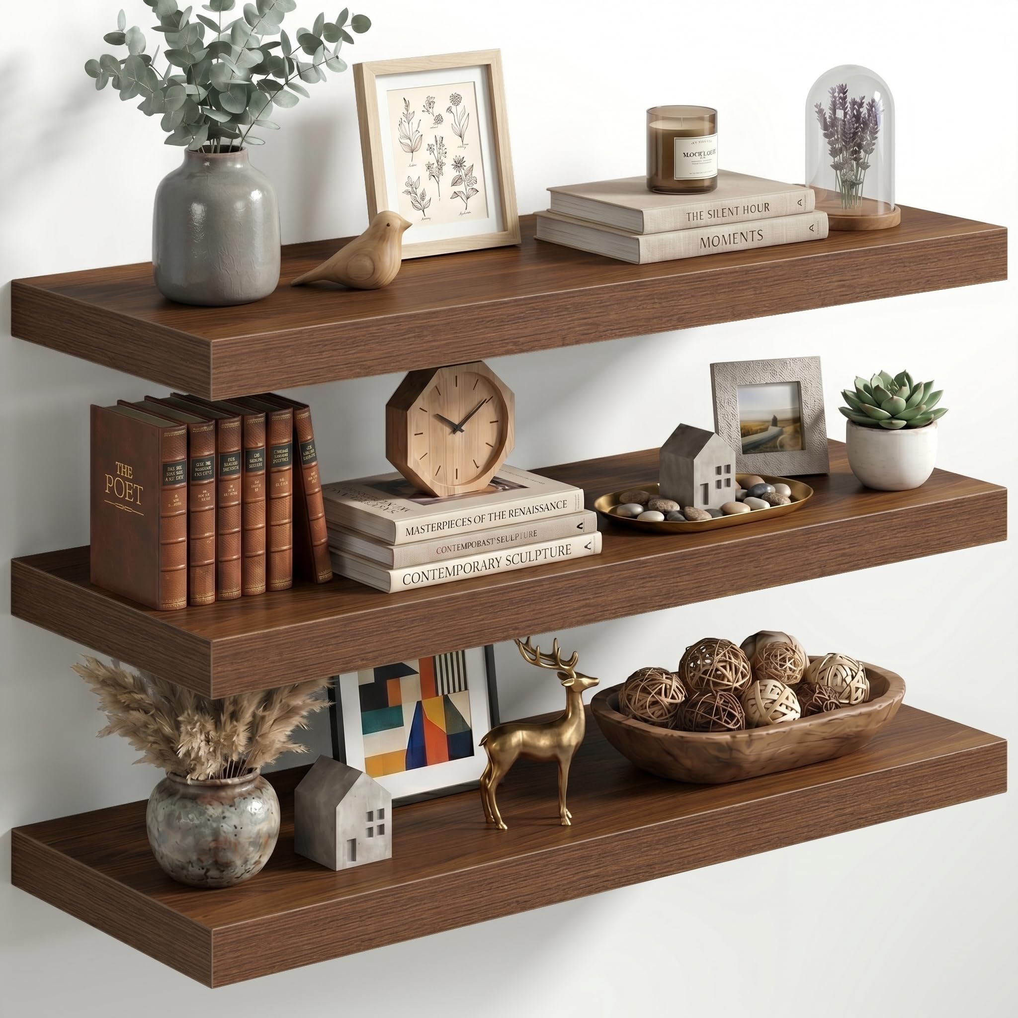 Fun Memories 32 Inch Floating Shelves for Wall, 12" Deep Large Wall Mounted Wood Shelves with Invisible Bracket, Rustic Walnut Floating Shelf for Bathroom Over Toilet Kitchen Living Room, Set of 3