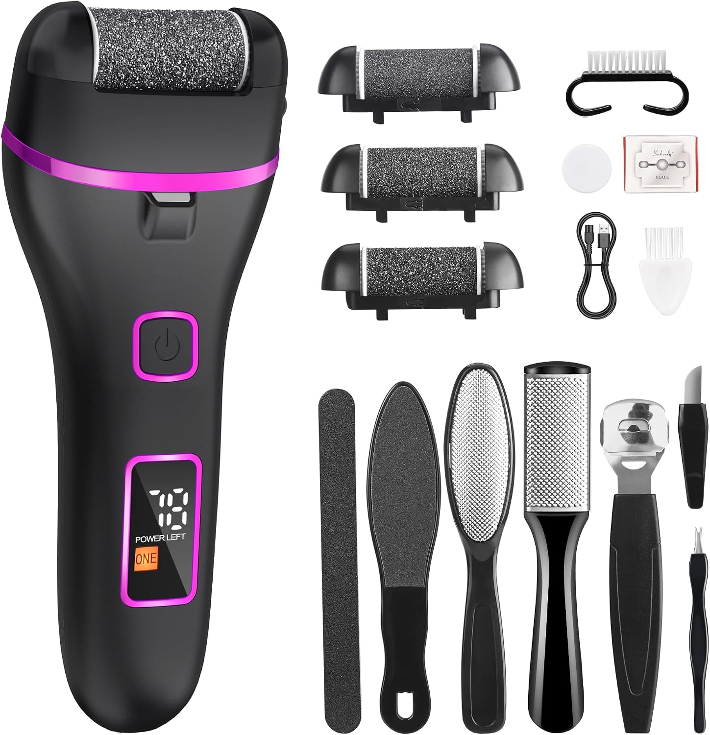 Electric Foot Callus Remover, Foot File Rechargeable 2 Speed, Professional Foot Scrubber with 3 Coarse Roller Heads, Waterproof Pedicure Tool Feet Care for Dead Skin (Black)