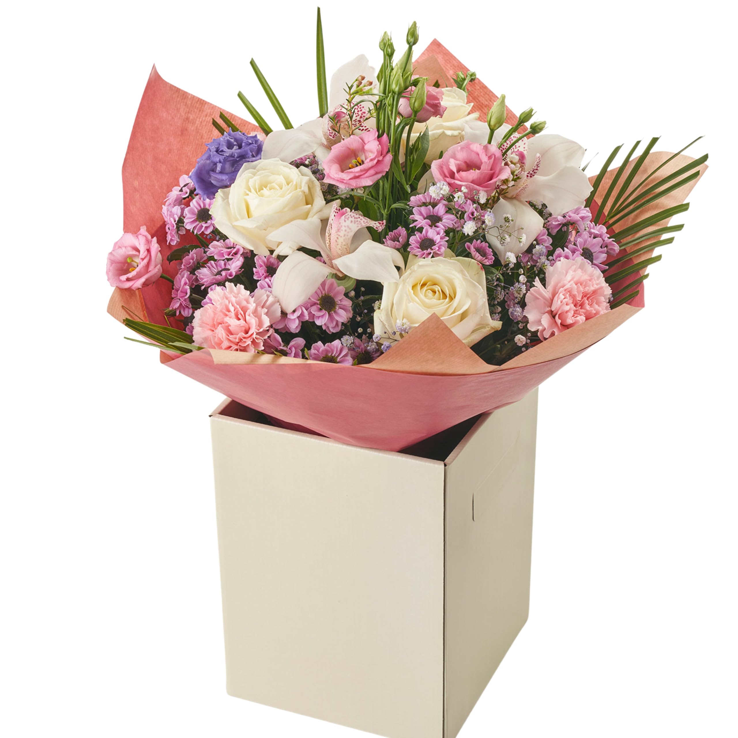 Elegant Orchid and White Rose with Pink Carnations and Lisianthus Bouquet, Fresh Flowers in Gift Box, Celebrations Floral Arrangement For Birthdays, Anniversaries, Festive Occasions