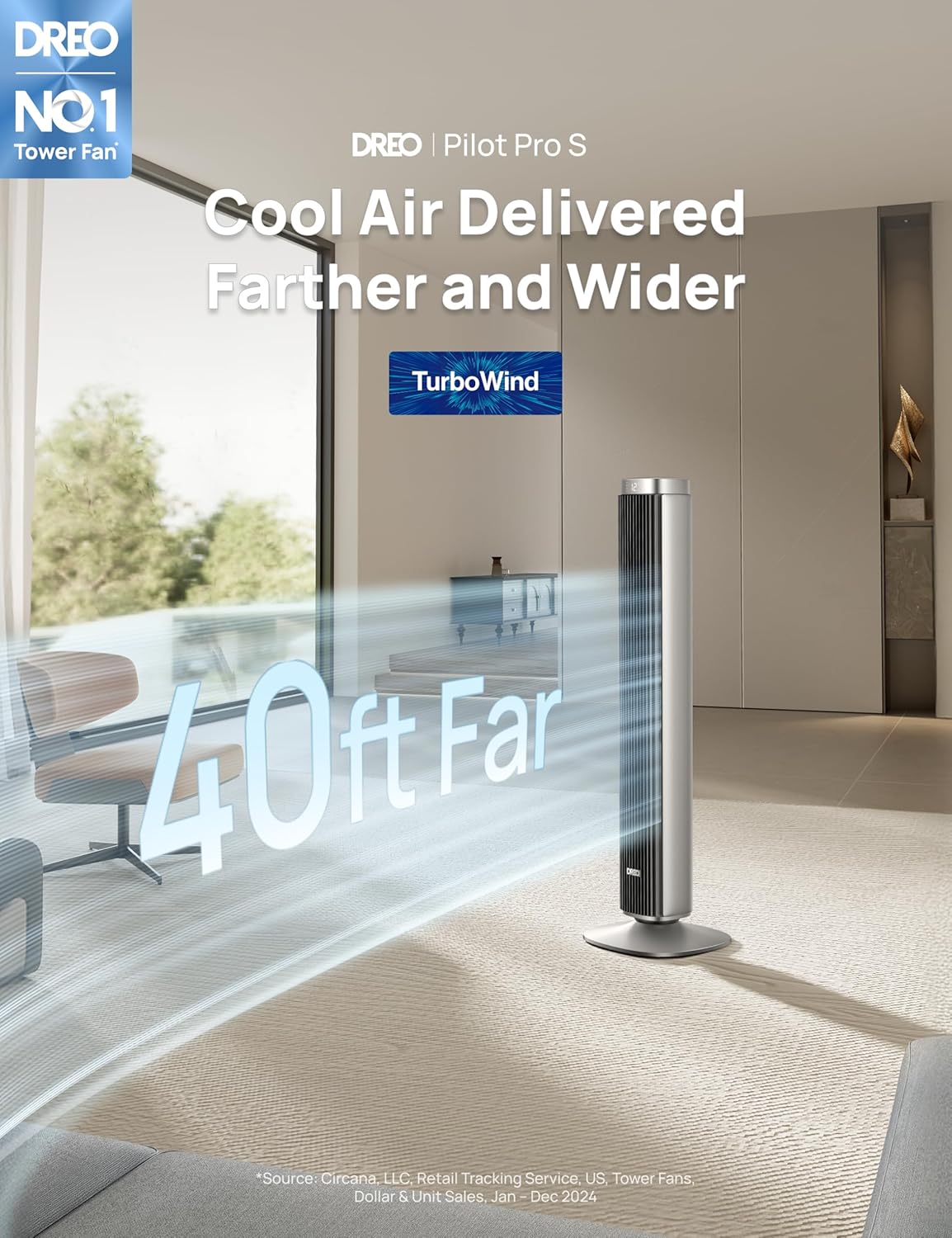 Dreo Tower Fan for Bedroom, Standing Oscillating Fan with 40ft Far Airflow, 25dB Quiet, 12 Speeds, 28ft/s Velocity, Smart Control, DC Motor, 42 inch, 90° Oscillation, 4 Modes, 12H Timer, Pilot Pro S - Image 2