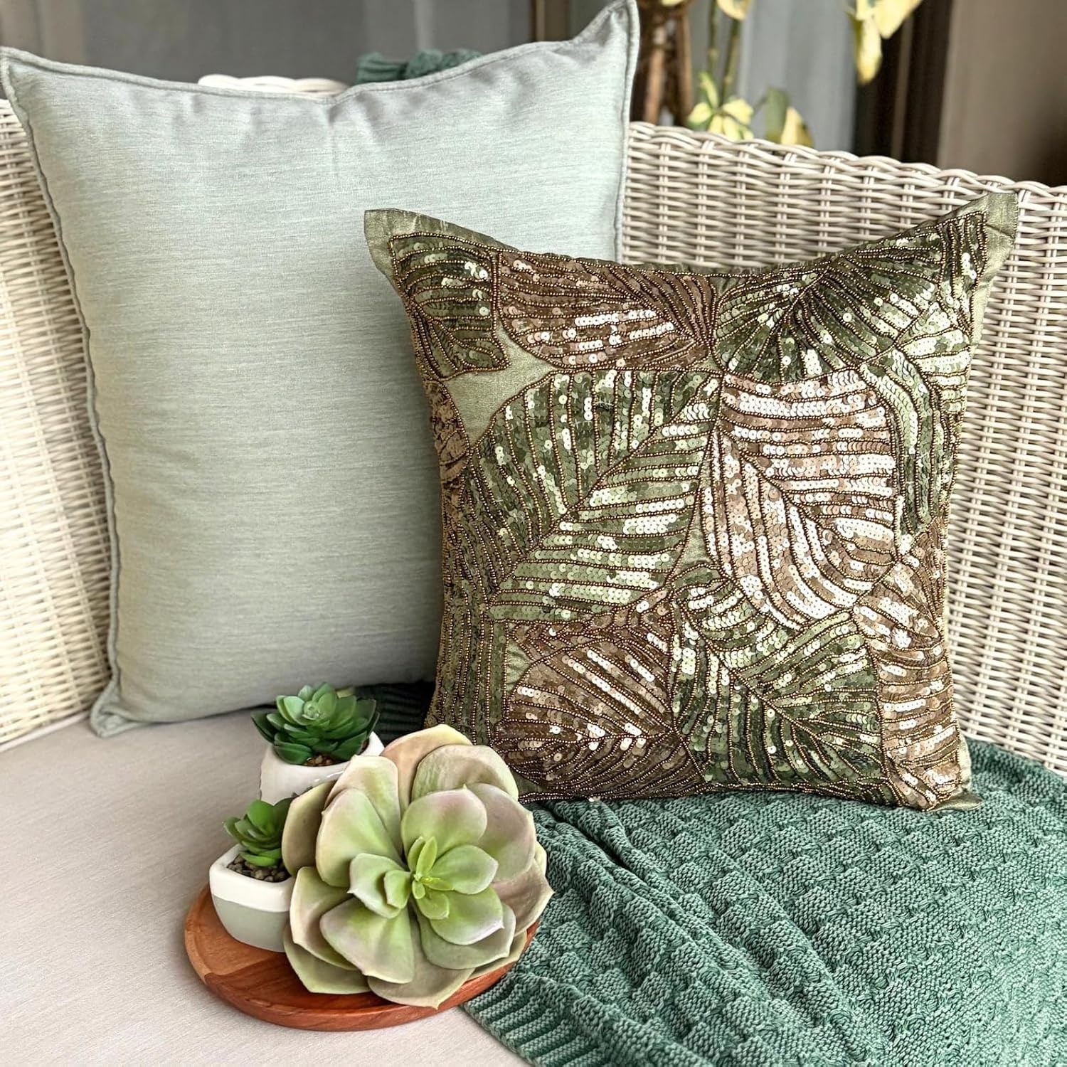 The HomeCentric Cushion Cover, Olive Green Throw Pillows Cover, Tropical Floral Pillowcases, 12x12 inch (30x30 cm) Pillows Cover, Art Silk Square Pillow Cases, Sequins Beaded - Green Camouflage