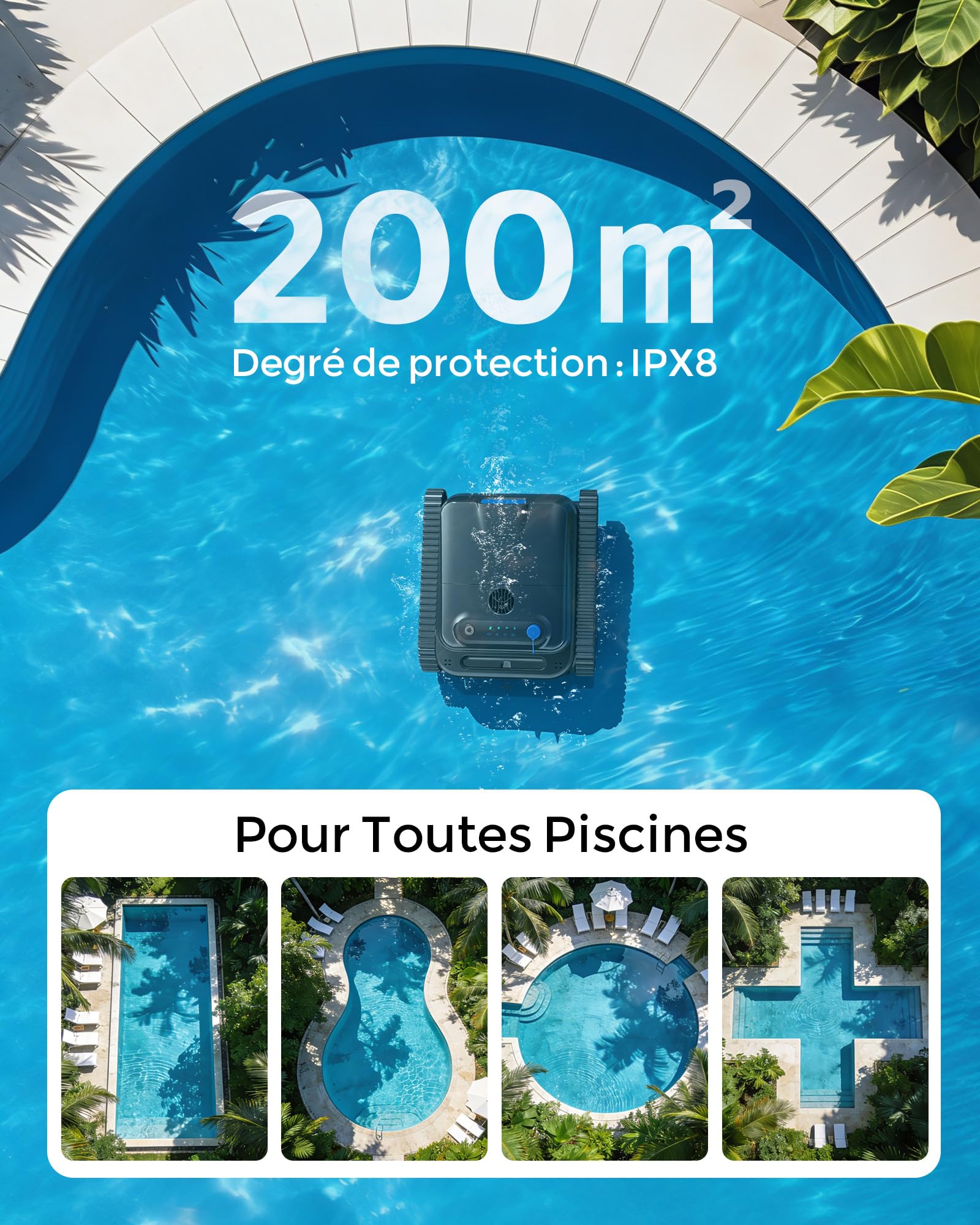 (2026) Y50SE Robot Piscine Fond et Parois, Ligne d'eau, Robot de Piscine sans Fil, 120Min d'Autonomie, Navigation Intelligente, 4 Modes Robot Piscine, 4 Capteurs, Idéal pour Piscines Enterrées 200㎡-N