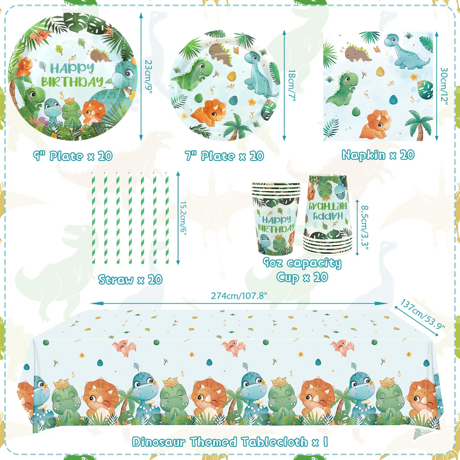 Decorazione per feste di compleanno con dinosauro, forniture per feste con dinosauri, include piatti, tovaglioli, tovaglie, stoviglie per ragazzi e ragazze baby shower (A)