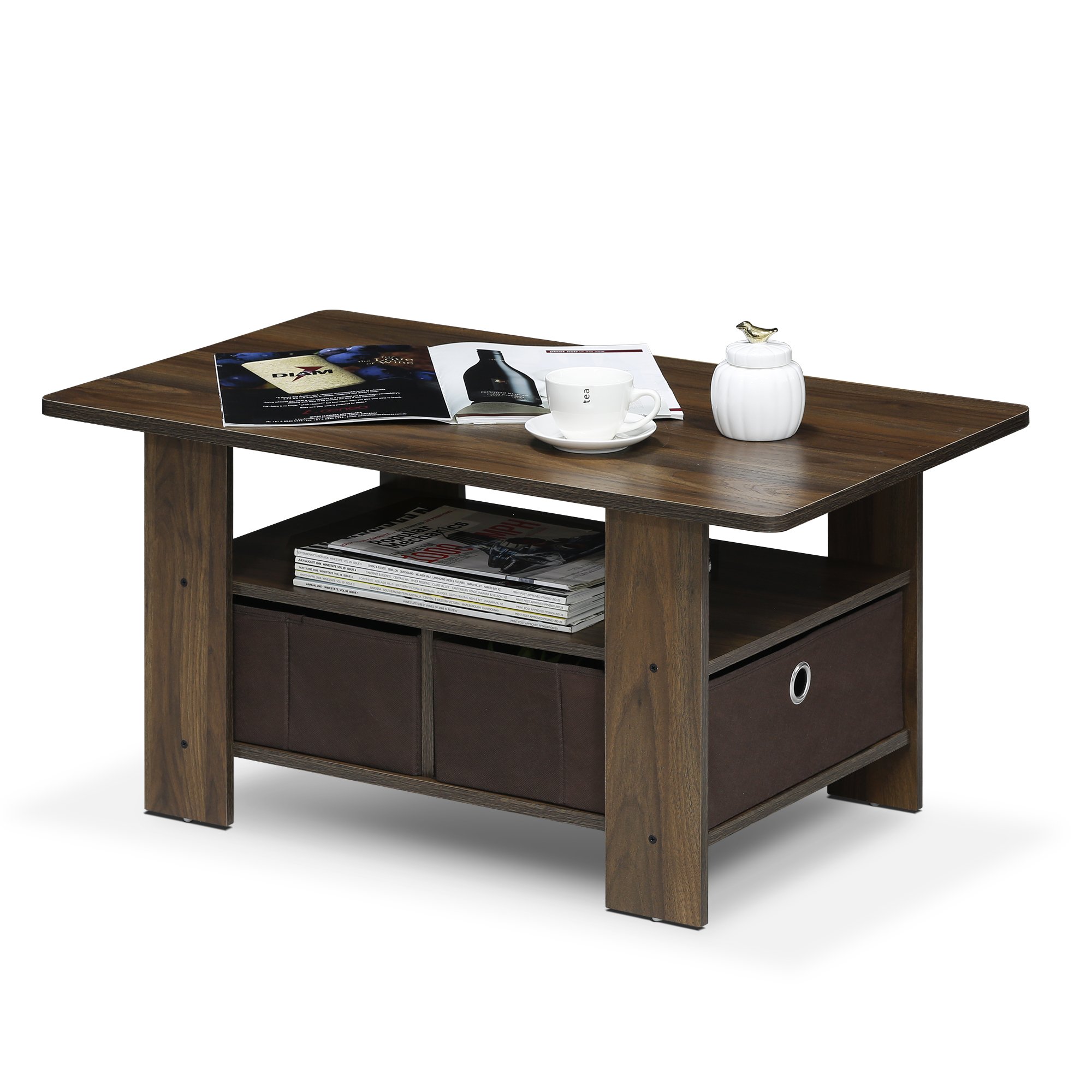 Furinno Andrey Coffee Table with Bin Drawer Columbia Walnut Dark Brown