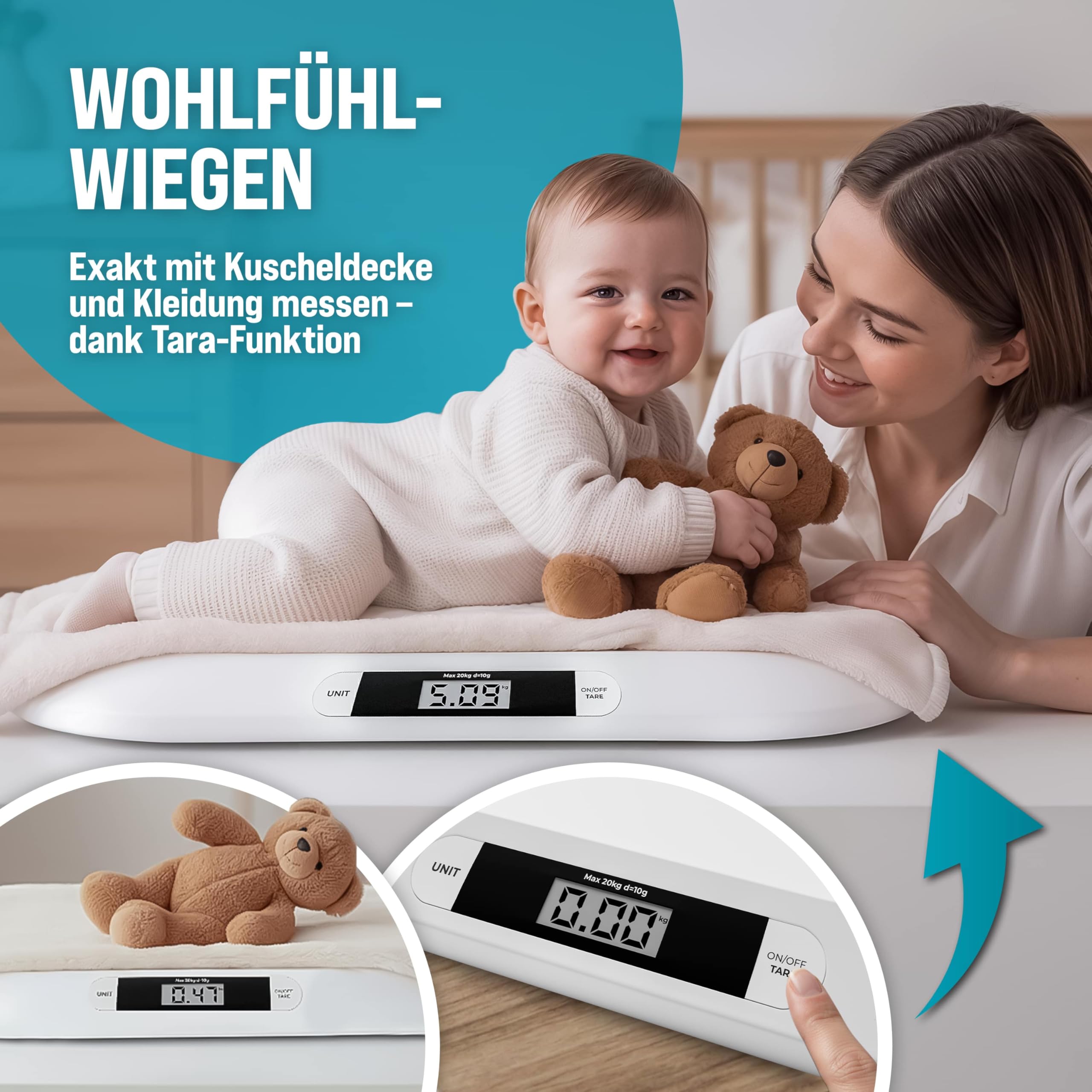 MONZANA® Digitale Babywaage bis 20 kg Säuglingswaage mit Tara-Funktion - Große Liegefläche LCD-Display Stillwaage Holdfunktion Hunde & Katzen Kleintiere
