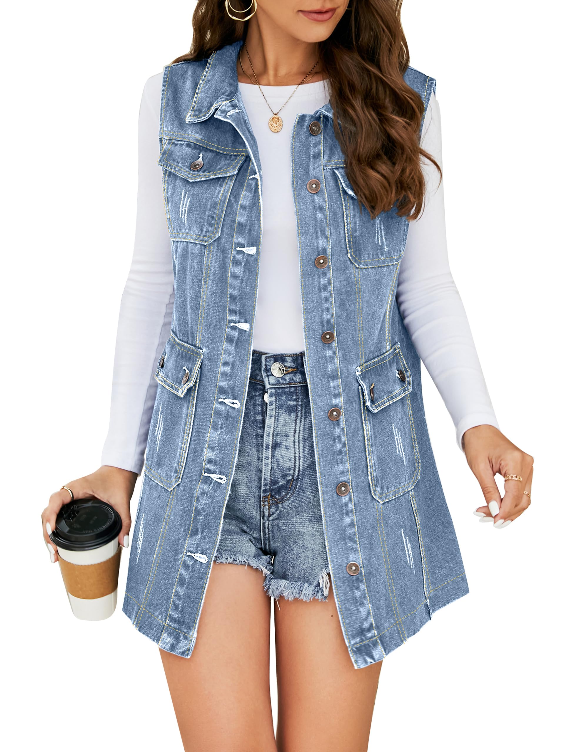 flygo Womens Vintage Lapel Distressed Sleeveless Mid Long Denim Jean Vest Jacket-picture-21