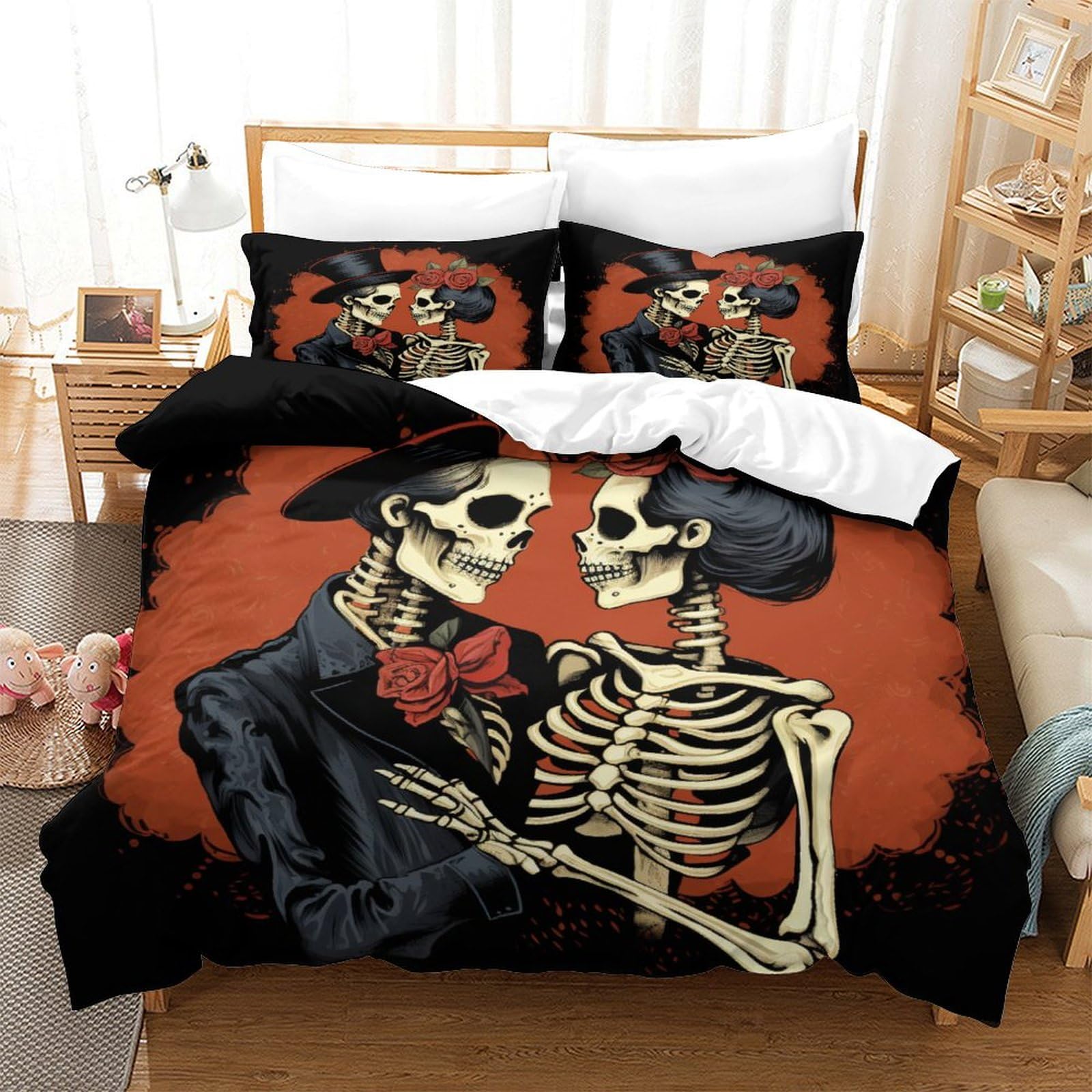P1S9U7W5Y 3D Printed Lovers Skeleton Duvet Cover Set 3pcs Microfiber Skull Bedding Set Double