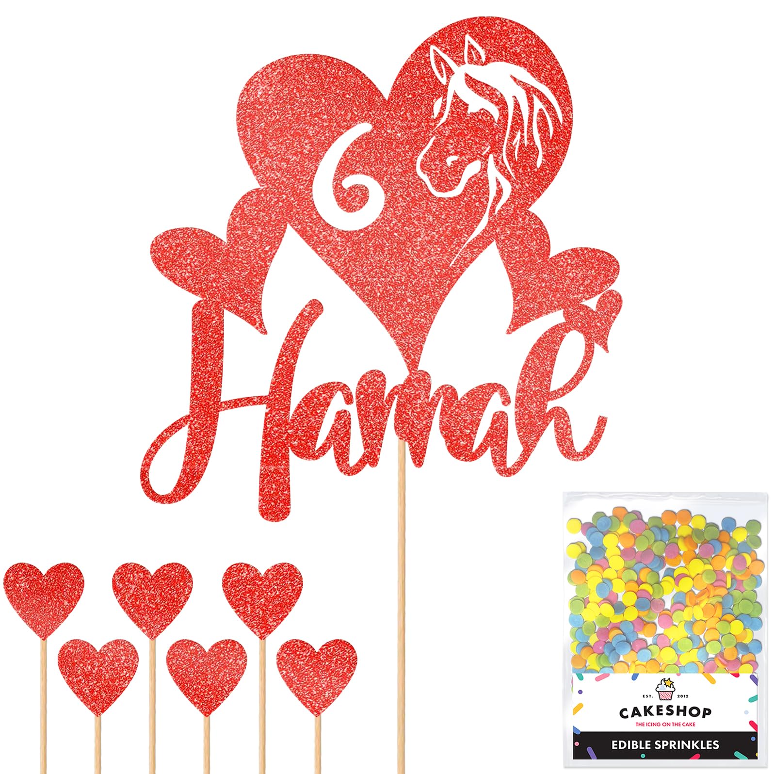 Personalised Horse Pony Love Heart Glitter Cake Topper - Red Custom Age & Name Glitter Cake Decoration and Sprinkles - Happy Birthday Decorations - Personalised Toppers for Cakes by Cakeshop