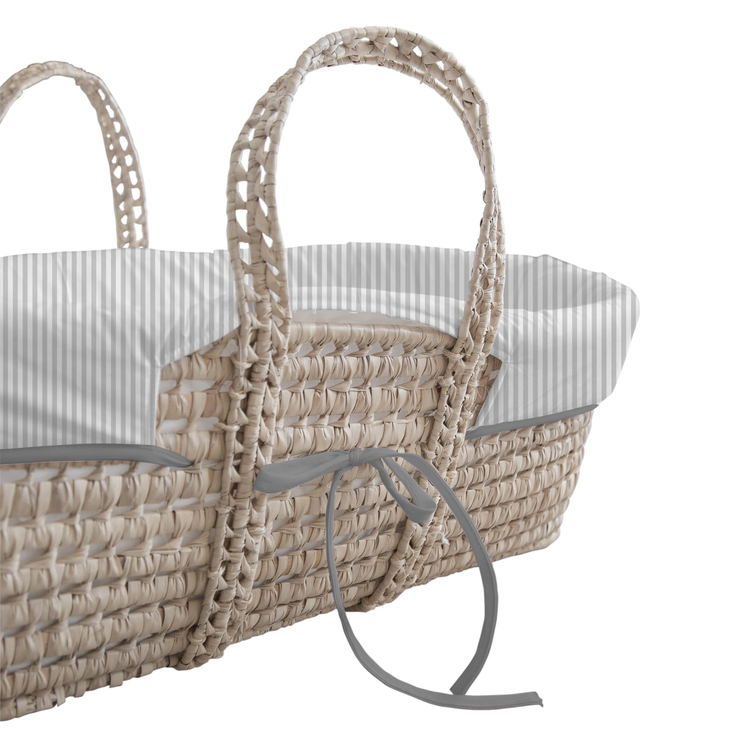 Tanuki Moisés de Mimbre Natural para Bebé con Base de Madera - Hecho a Mano - Colchón Incluido - Estilo nórdico - Rayas Gris