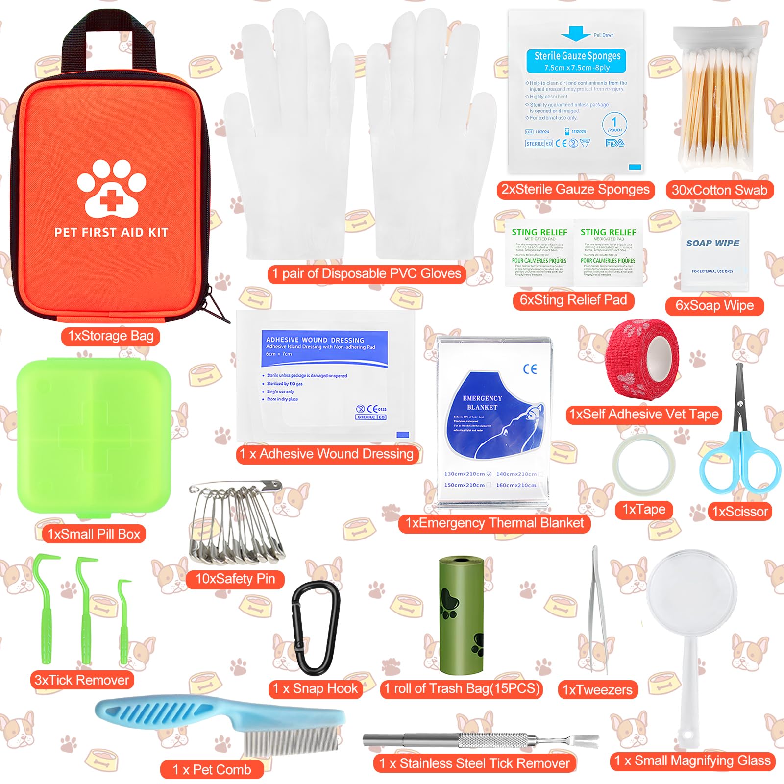 Botiquín de Primeros Auxilios para Perros y Gatos 102 Piezas Kit Primeros Auxilios Mascotas con Pinzas para Garrapatas Pequeño Botiquin Perros para Emergencias en Casa y Viajes al Aire Libre