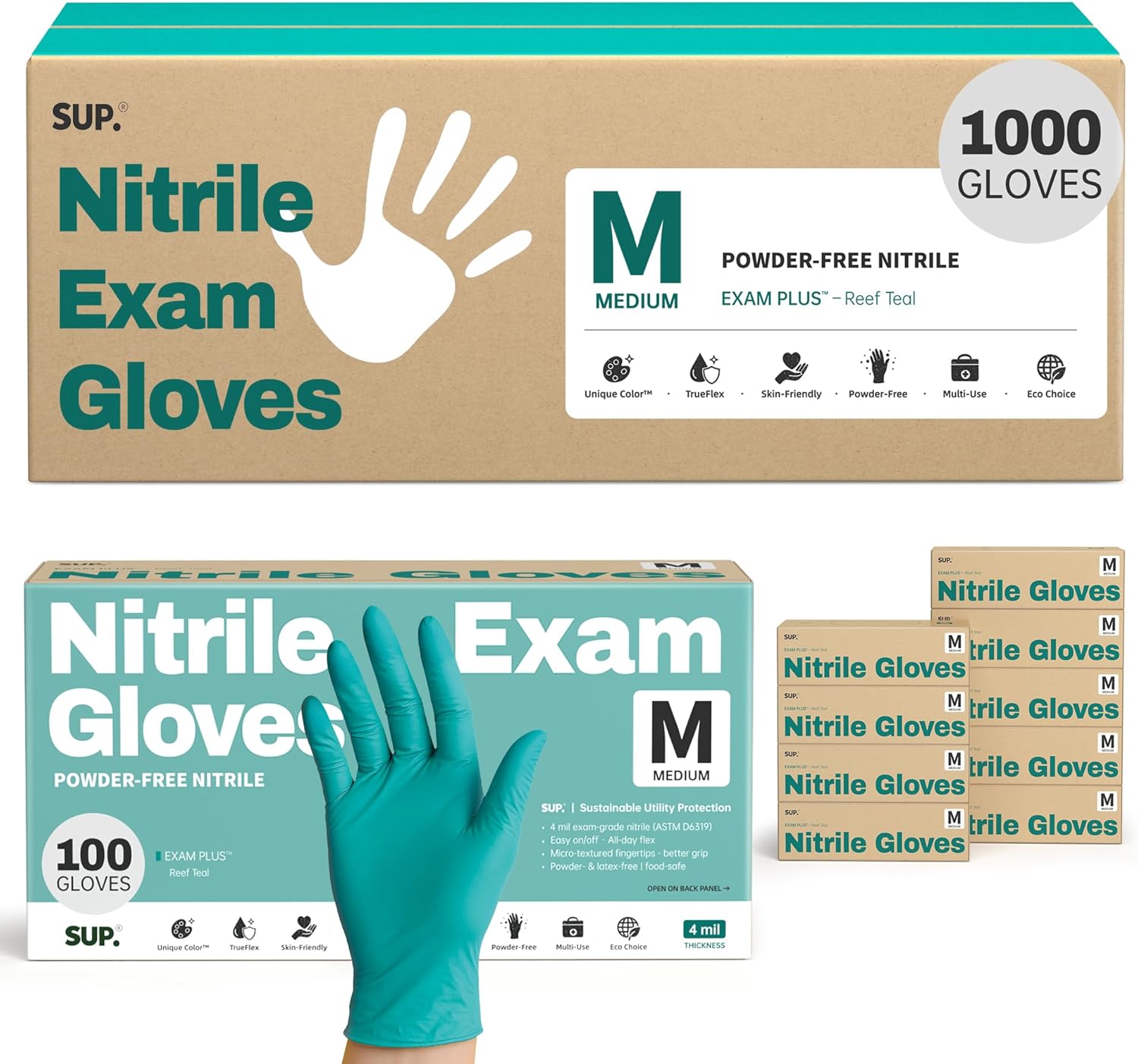 SUP Nitrile Exam Gloves, Powder-Free Latex-Free Food Safe Cooking Cleaning laboratory Disposable Medical Glove, Teal 1000 Ct