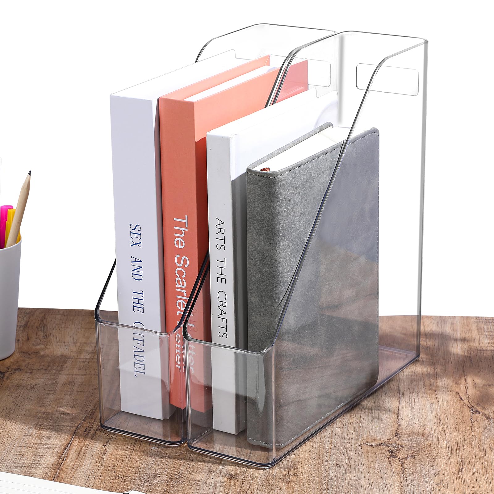 MAQUITA Magazine Holder, 2 Pack Acrylic Magazine File Holder,A4 Vertical File Organizer with Handle for Desk,Clear Document Rack File Folder Storage Bin