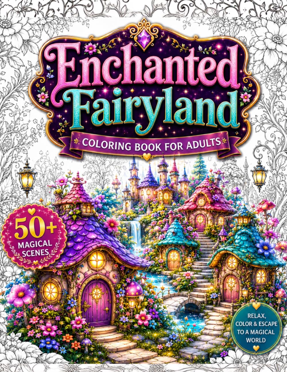 Enchanted Fairyland Coloring Book for Adults: Escape into Cozy Fantasy Worlds with 50 Magical Fairy Houses, Enchanted Villages, Storybook Cottages, ... Stress Relief Coloring Pages for Mindfulness