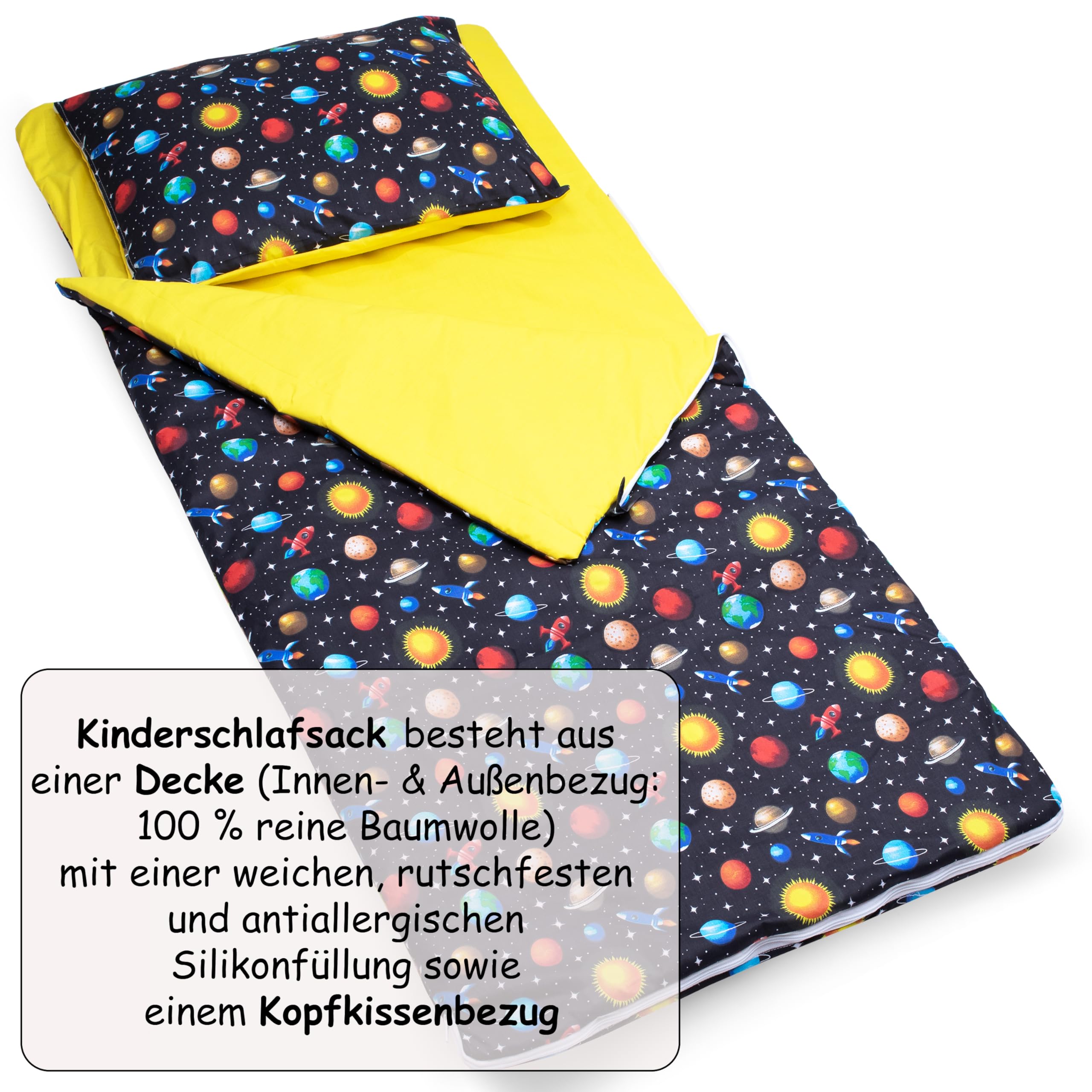 PinkZebra Schlafsack Kinder 140x75 cm mit Kissenbezug 60x40 cm & Beutel, Öko-Tex, bis 135 cm