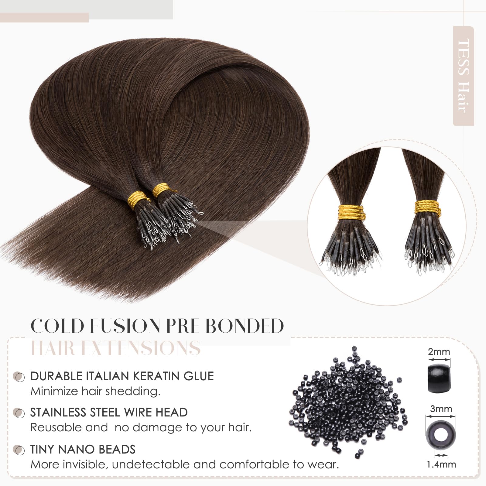 TESS Nano Beads Hair Extensions 100% SSS Grade Real Human Hair for Women UK #02 Dark Brown 14 Inch 35g (Nano Rings Tip Included) - Image 4