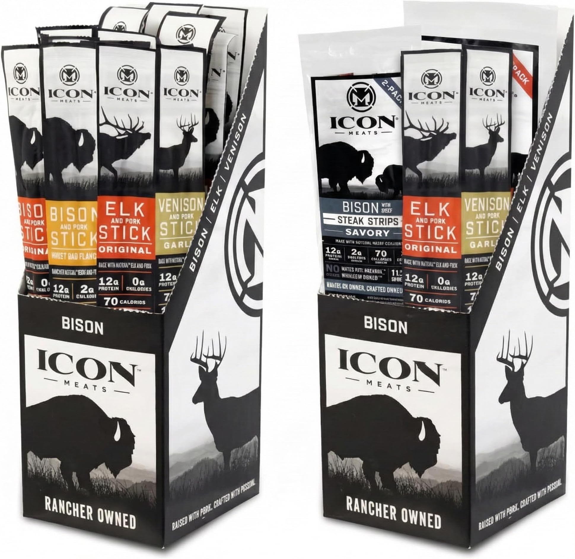 - ICON Meats Gift Sampler Bundle, 34 High Protein Snacks, 24-Pack Meat Stick Sampler plus 10-Piece Stick & Steak Strip Gift Box, Bison Elk Venison Beef Pork, Gluten Free, Low Sugar, Made in USA