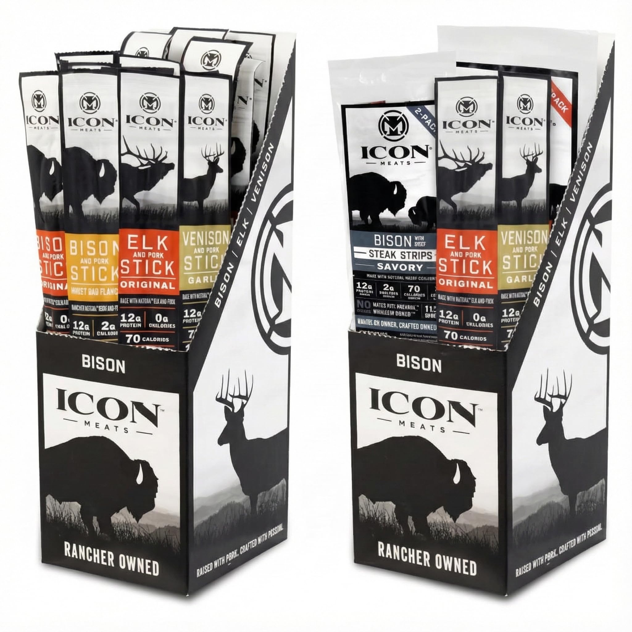 - ICON Meats Gift Sampler Bundle, 34 High Protein Snacks, 24-Pack Meat Stick Sampler plus 10-Piece Stick & Steak Strip Gift Box, Bison Elk Venison Beef Pork, Gluten Free, Low Sugar, Made in USA