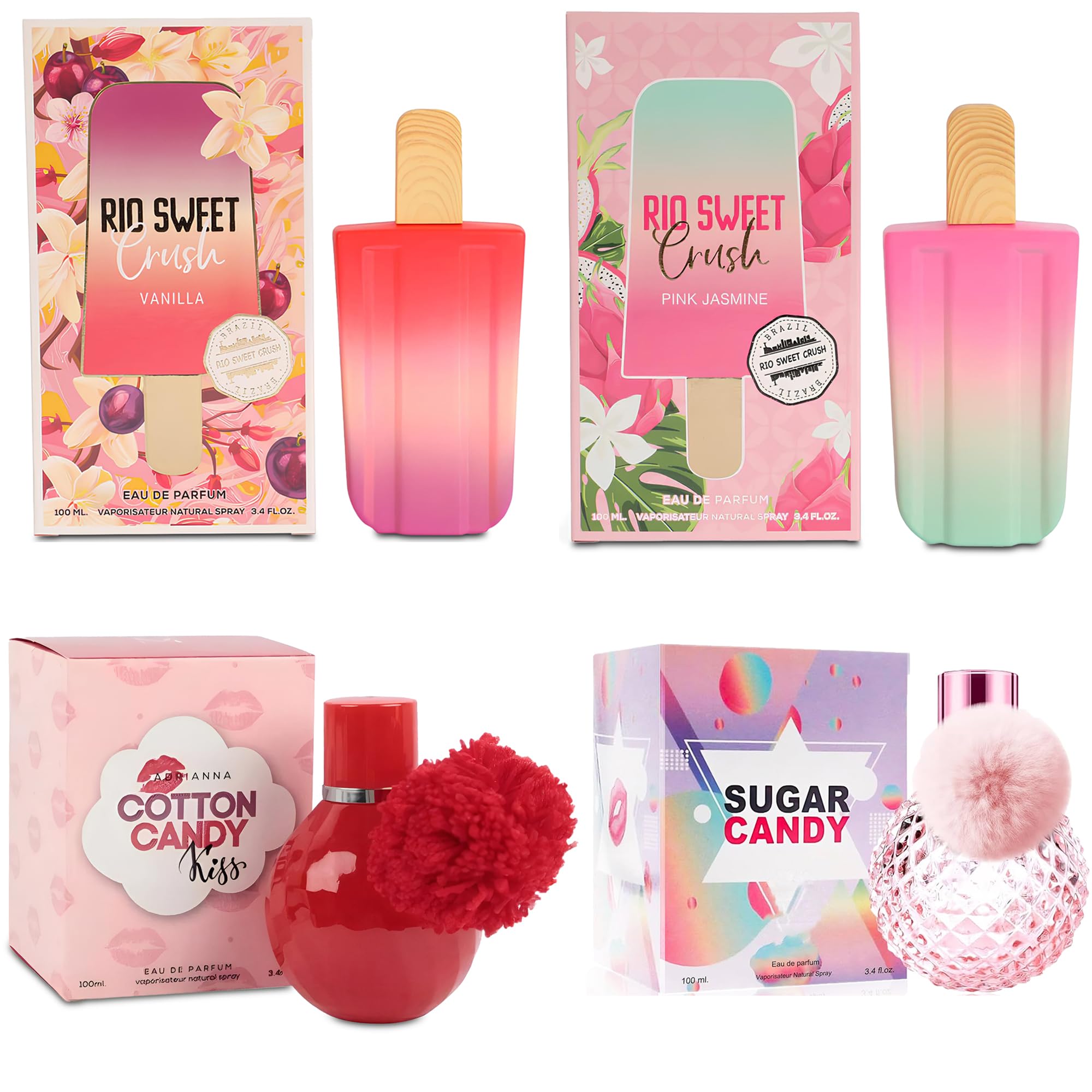 AFLUXE Women Perfume Set 4 Piece Different Scents(RIO Sweet Crush Jasmine/Vanilla/Sugar Candy/Cotton Candy) Eau de Parfum Spray Long Lasting Fragrance