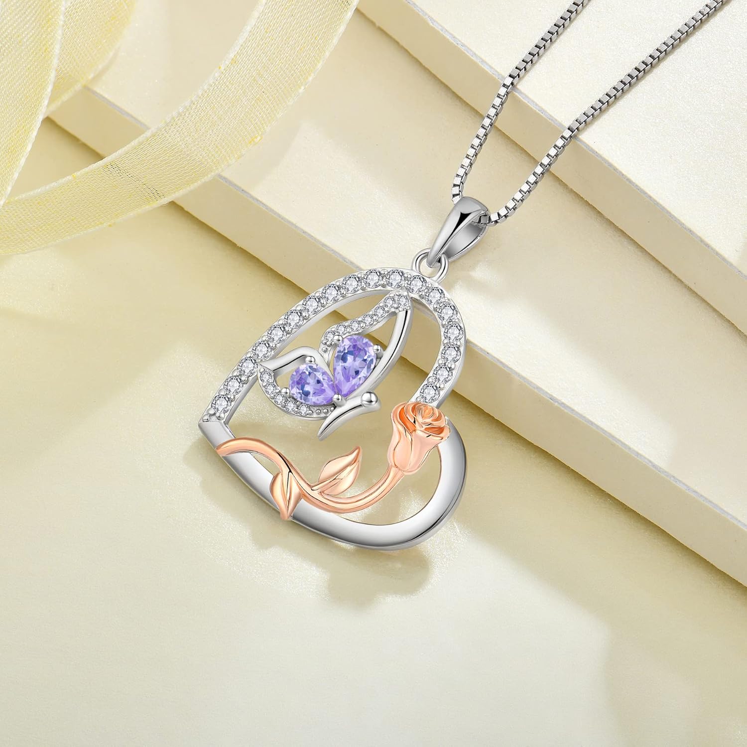 Love Heart Butterfly Necklace for Women 925 Sterling Silver Birthstone Pendant Rose Flower Dainty Jewelry Gifts for Women Wife Girlfriend Mother Daughter Her - Image 5