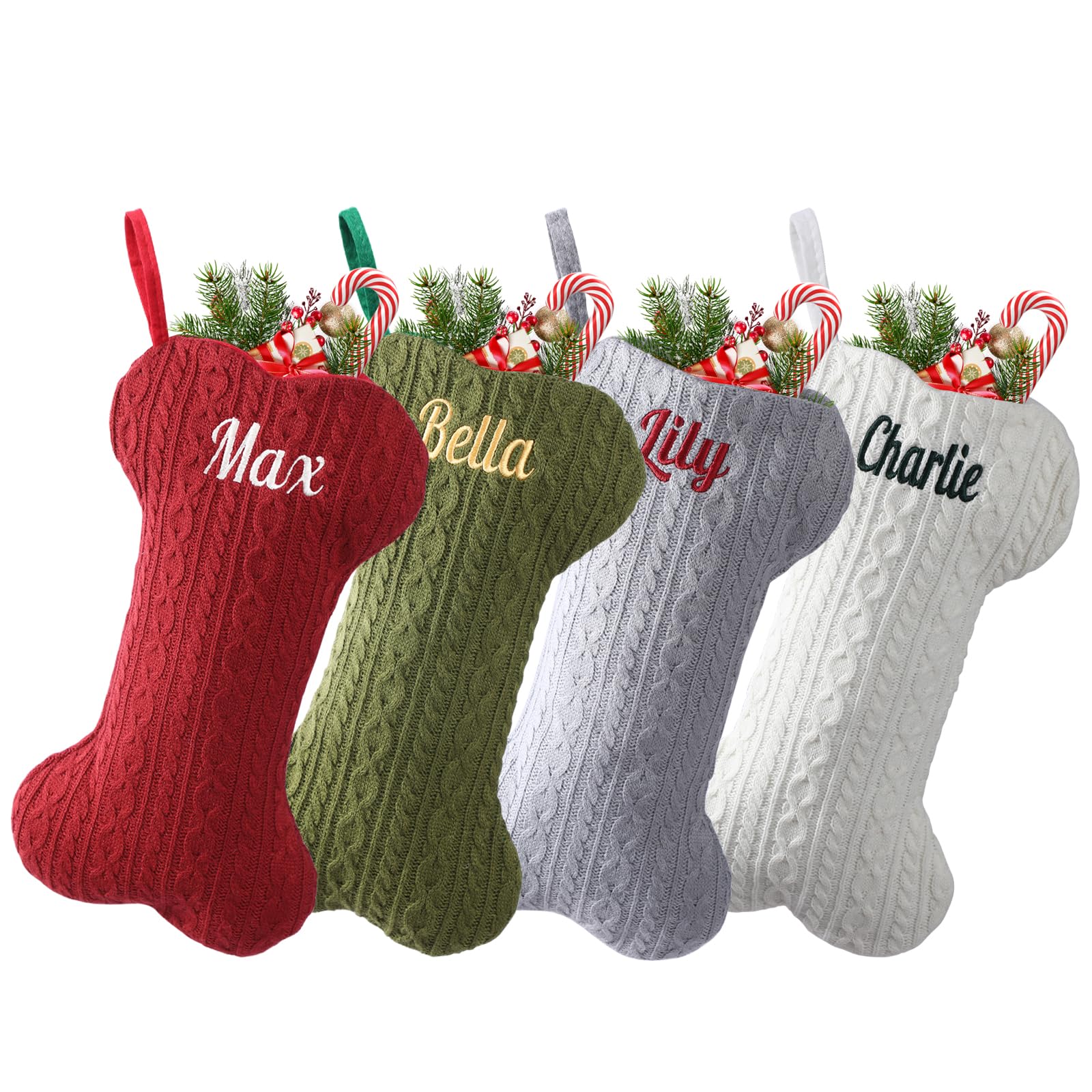 Infiher Personalised Dog Christmas Stocking Bone Shape 1 Pc Custom Dog Stocking with Embroidered Name,Customised Knit Xmas Stockings for Pets Fireplace Hanging Decoration Holiday Party