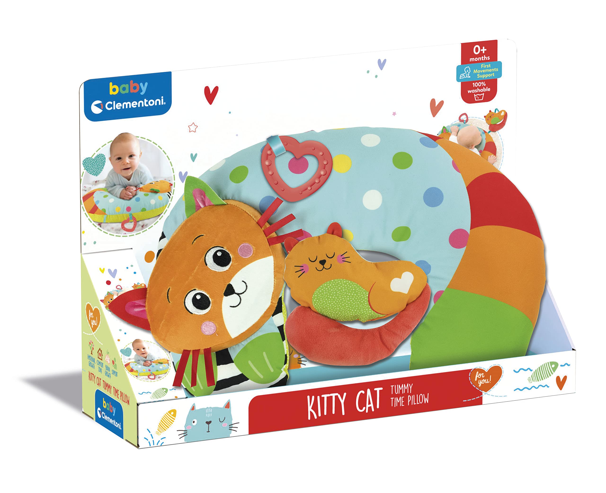 Baby Clementoni For You - Kitty Cat Cuscino Tummy Time, Gatto Peluche per Neonato 0+ Mesi, Supporta lo Sviluppo Sensoriale e Muscolare e il Gattonamento, Lavabile in Lavatrice, 17800