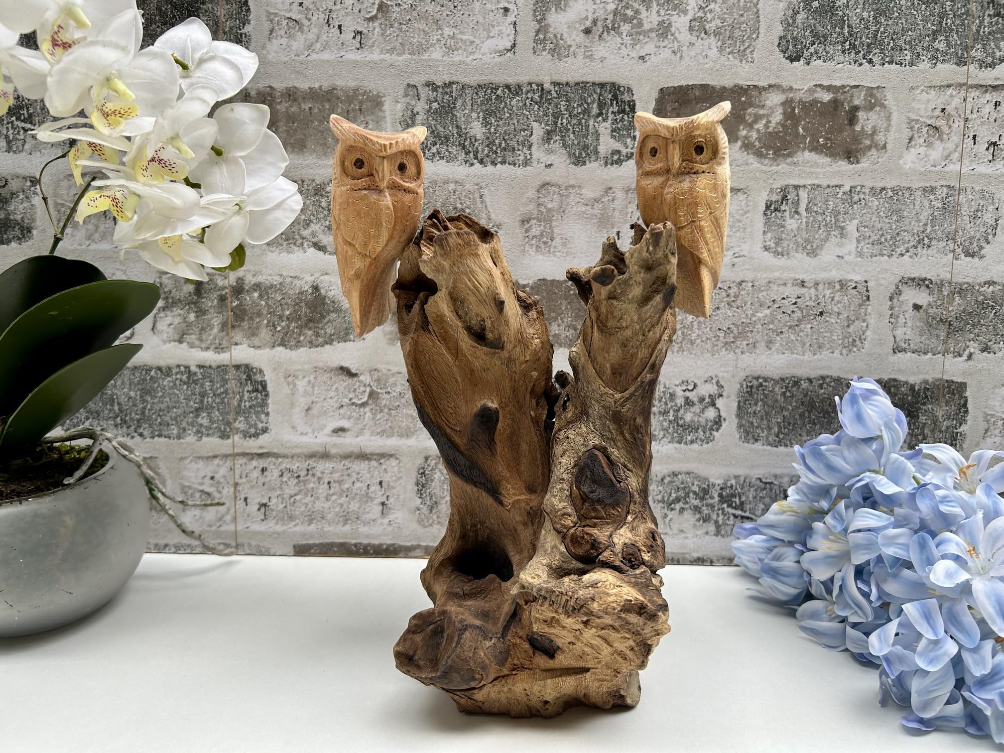 MAISONICA Tawny Owl Couple Pair on Driftwood Wooden Base Sculpture Ornament Gift