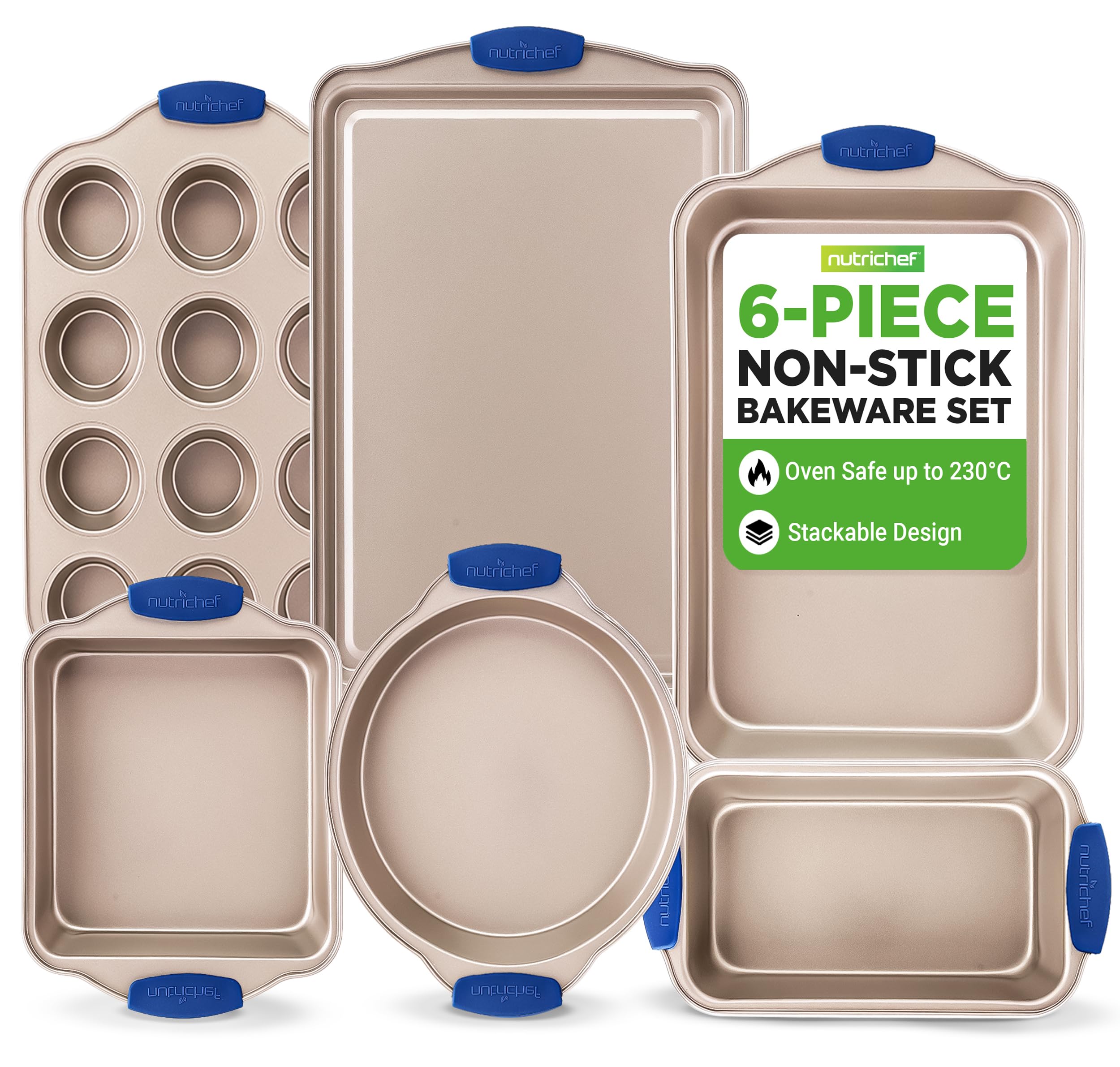 Bakeware Set 6-Piece, Nonstick Gold Baking Pans with Heat-Safe Handles, Includes Cookie Sheets, Roasting Pan, Loaf Pan, Muffin Tin & Square Cake Pan, Durable & Oven Safe