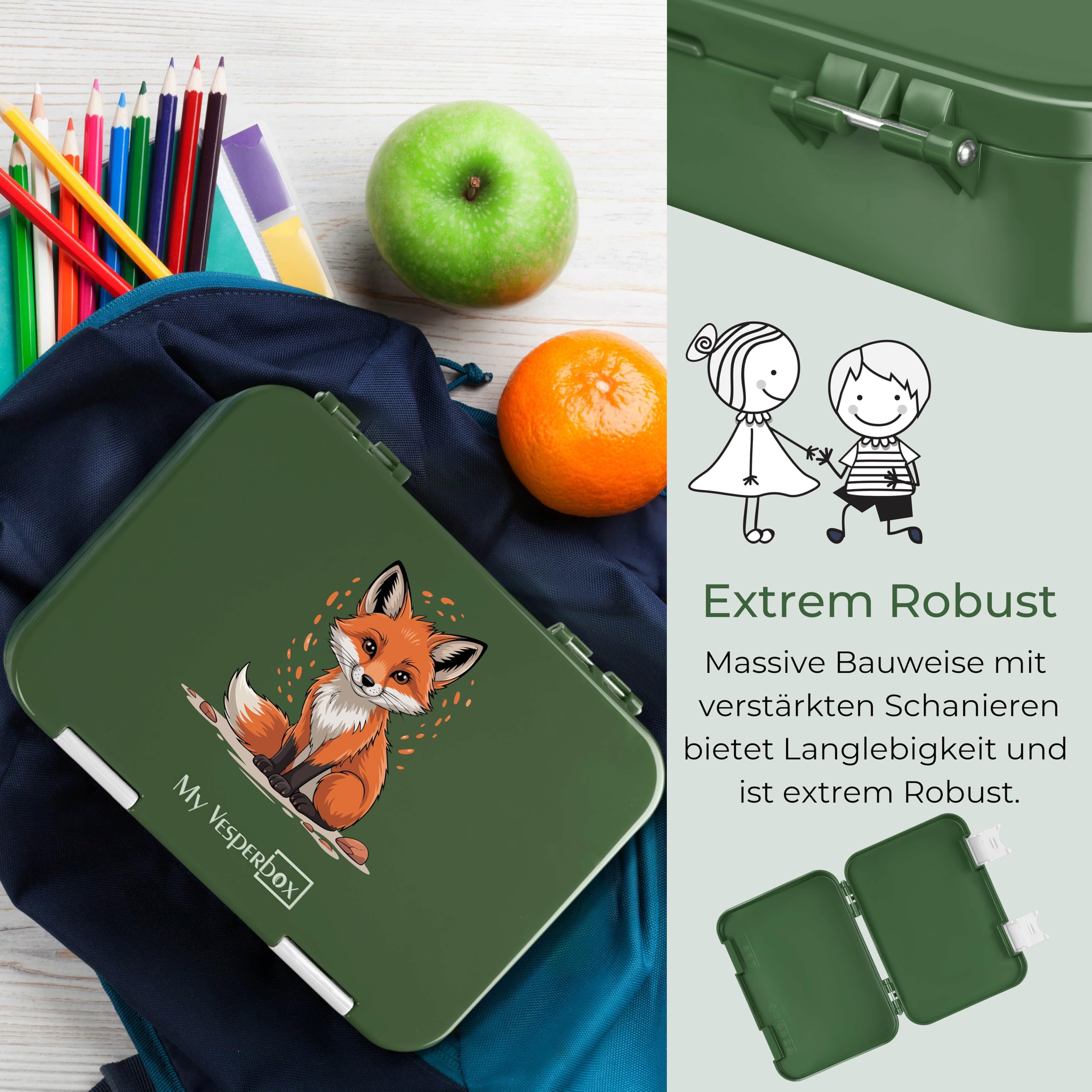 My Vesperbox - Len - Set – Brotdose & 500ml Trinkflasche für Kinder – auslaufsicher & BPA-frei – Lunchbox für Schule & Kindergarten - Bento Box Set