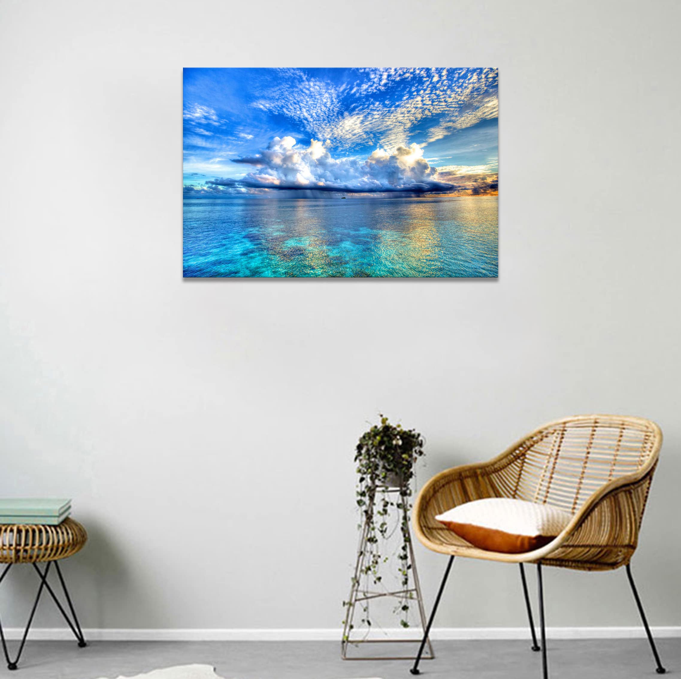 青い海と山の風景を描いた美しい風景画　木製フレーム付き 青い海と山の風景を描いた美しい風景画 木製フレーム付き 青い