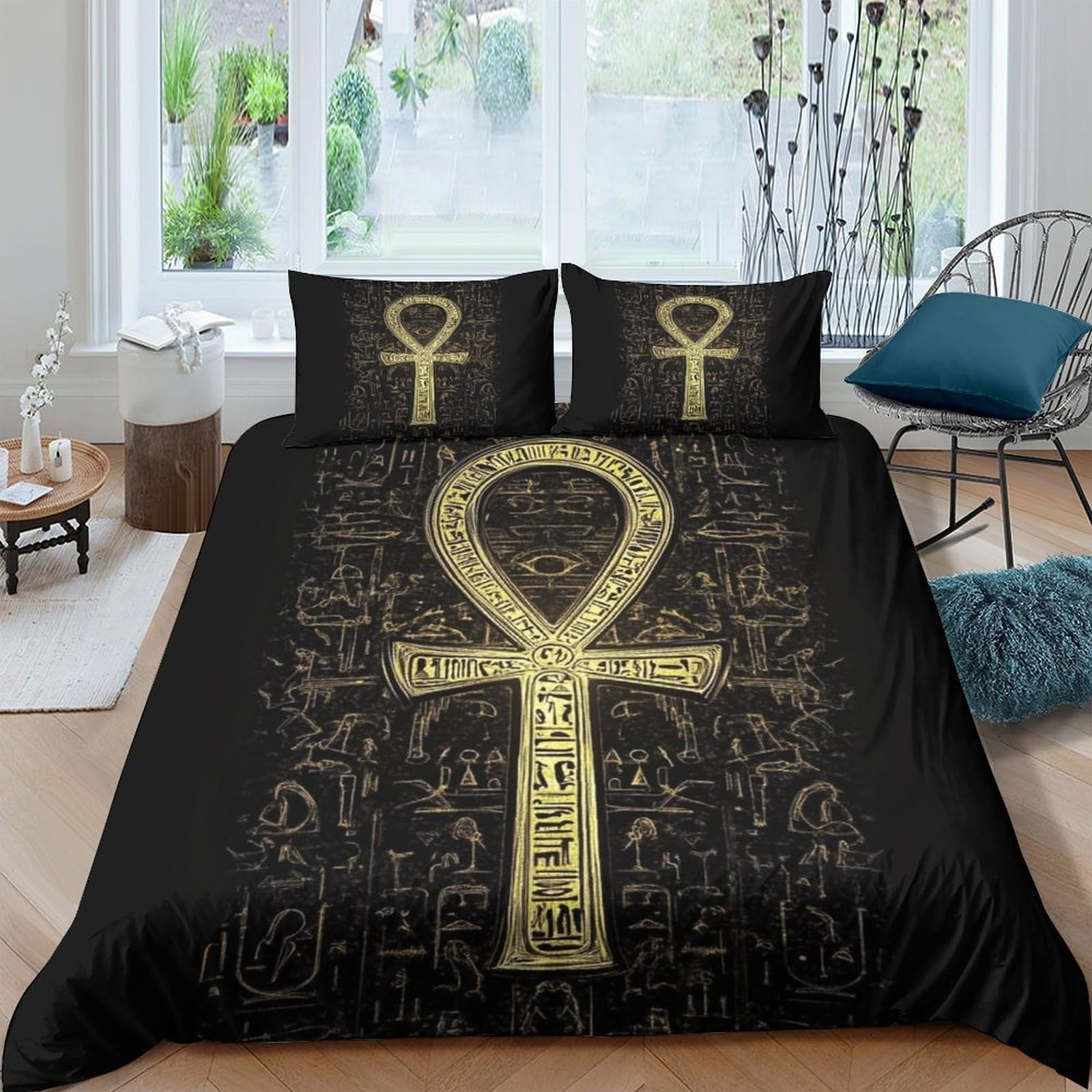 Ctjqhvkz Style-3 3D Printed Egyptian Gold Ankh Fitted Sheet Microfiber Soft Black Ancient Symbol Bed Cover For Bedroom Dorm Decor Single（135X200cm）