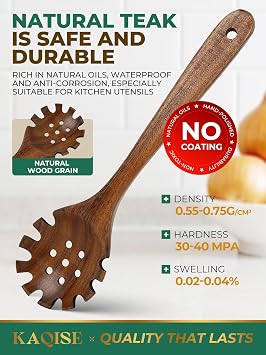 2Pcs Wooden Spoon Set, Teak Wood Kitchen Essential Tools for Noodle, Spaghtti & Soup (Round Spaghetti Server)
