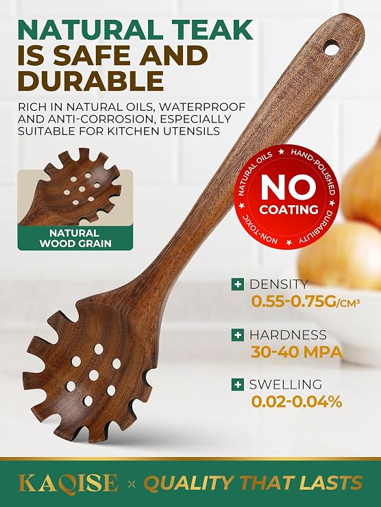 2Pcs Wooden Spoon Set, Teak Wood Kitchen Essential Tools for Noodle, Spaghtti & Soup (Round Spaghetti Server)